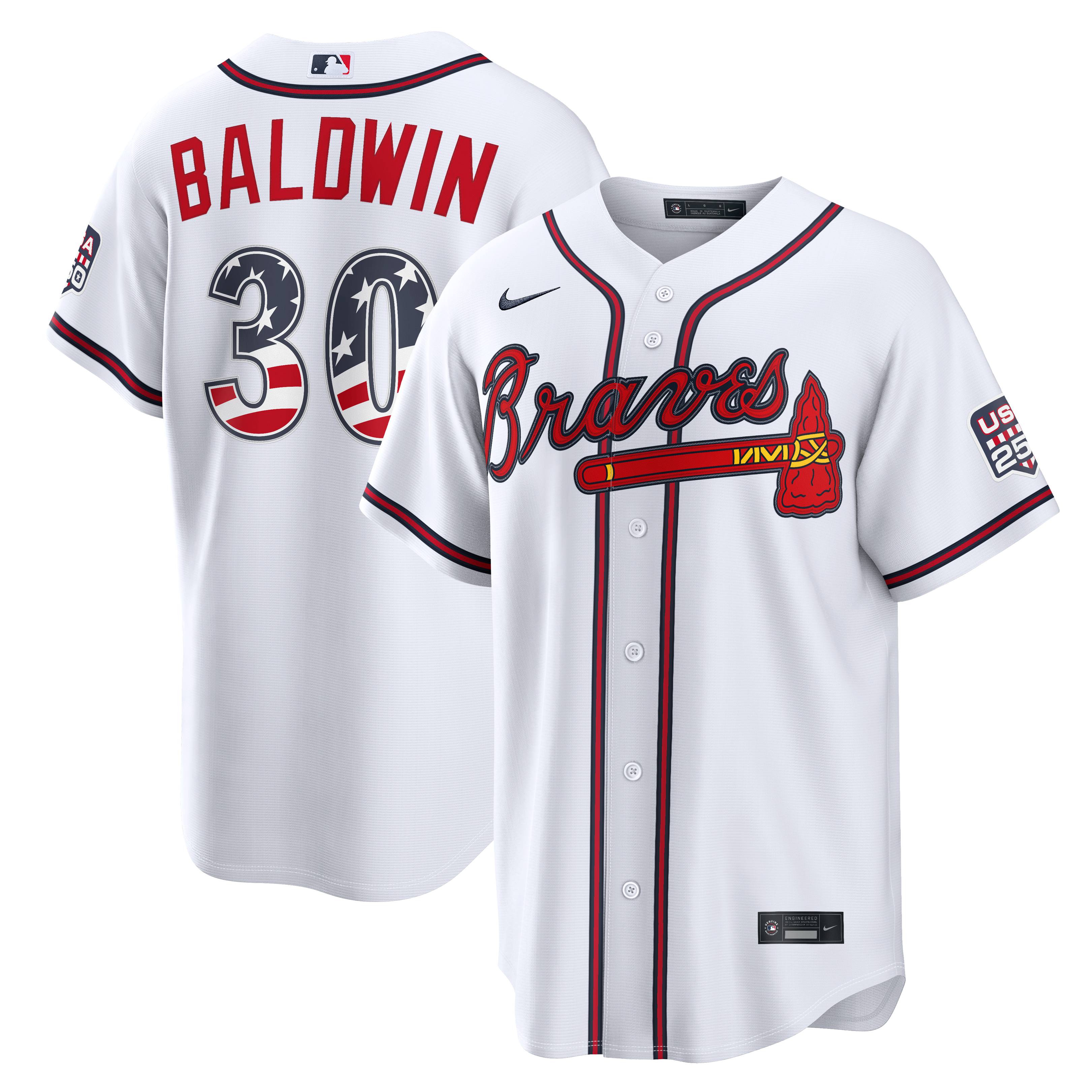Maillot Nike blanc USA 250 Stadium Drake Baldwin des Braves d'Atlanta pour homme, édition spéciale 4 juillet
