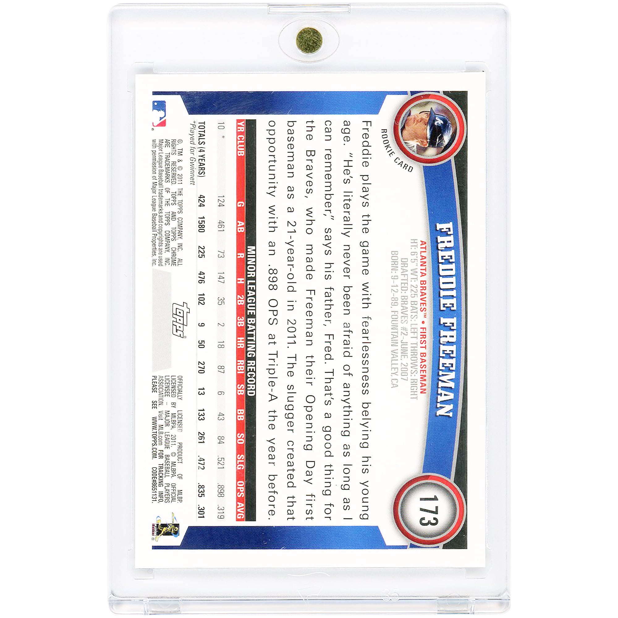 Carte de recrue autographiée de Freddie Freeman (Atlanta Braves) 2011 Topps Chrome n° 173