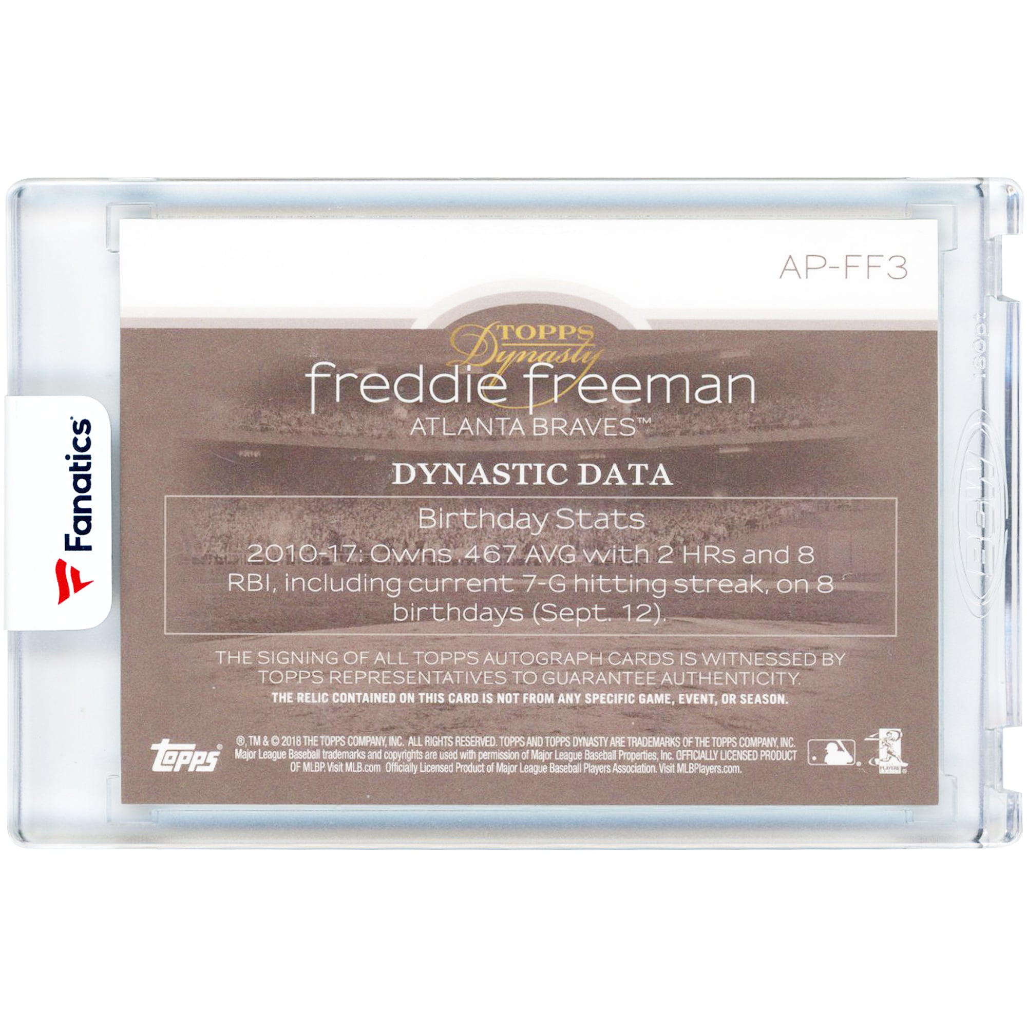 Carte autographiée de Freddie Freeman (Atlanta Braves) 2018 Topps Dynasty Blue Game Used 5-Color Jersey Relic #AP-FF3 #4/5