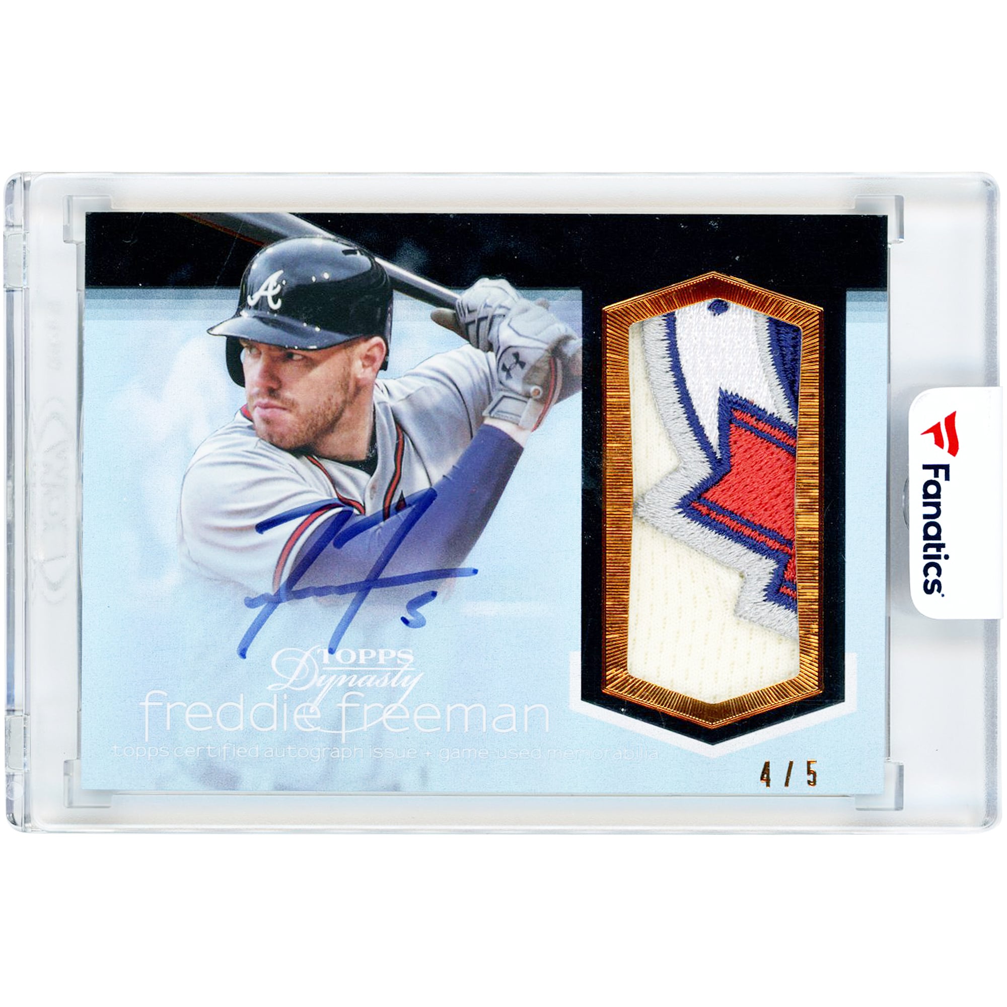 Carte autographiée de Freddie Freeman (Atlanta Braves) 2018 Topps Dynasty Blue Game Used 5-Color Jersey Relic #AP-FF3 #4/5