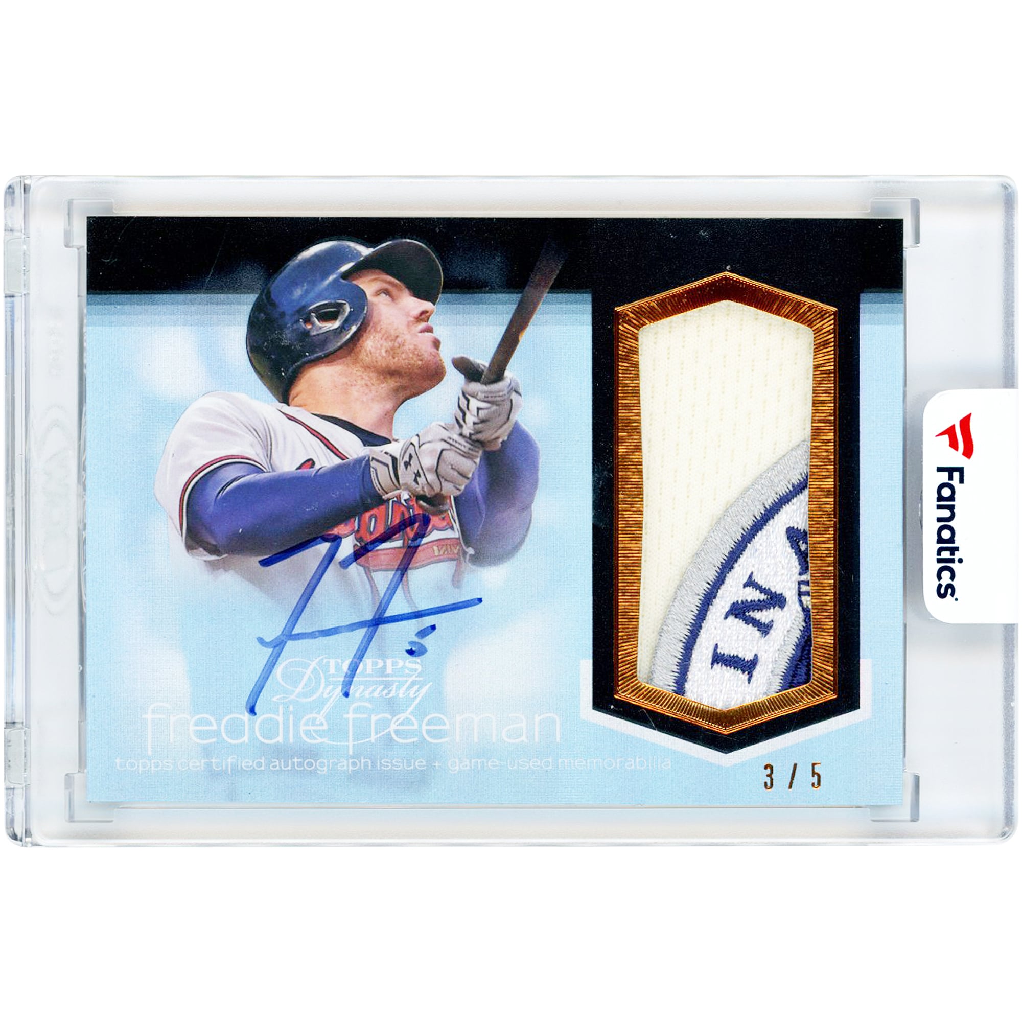 Carte autographiée de Freddie Freeman (Atlanta Braves) 2018 Topps Dynasty Blue, relique de maillot tricolore porté en match #AP-FF8 #3/5
