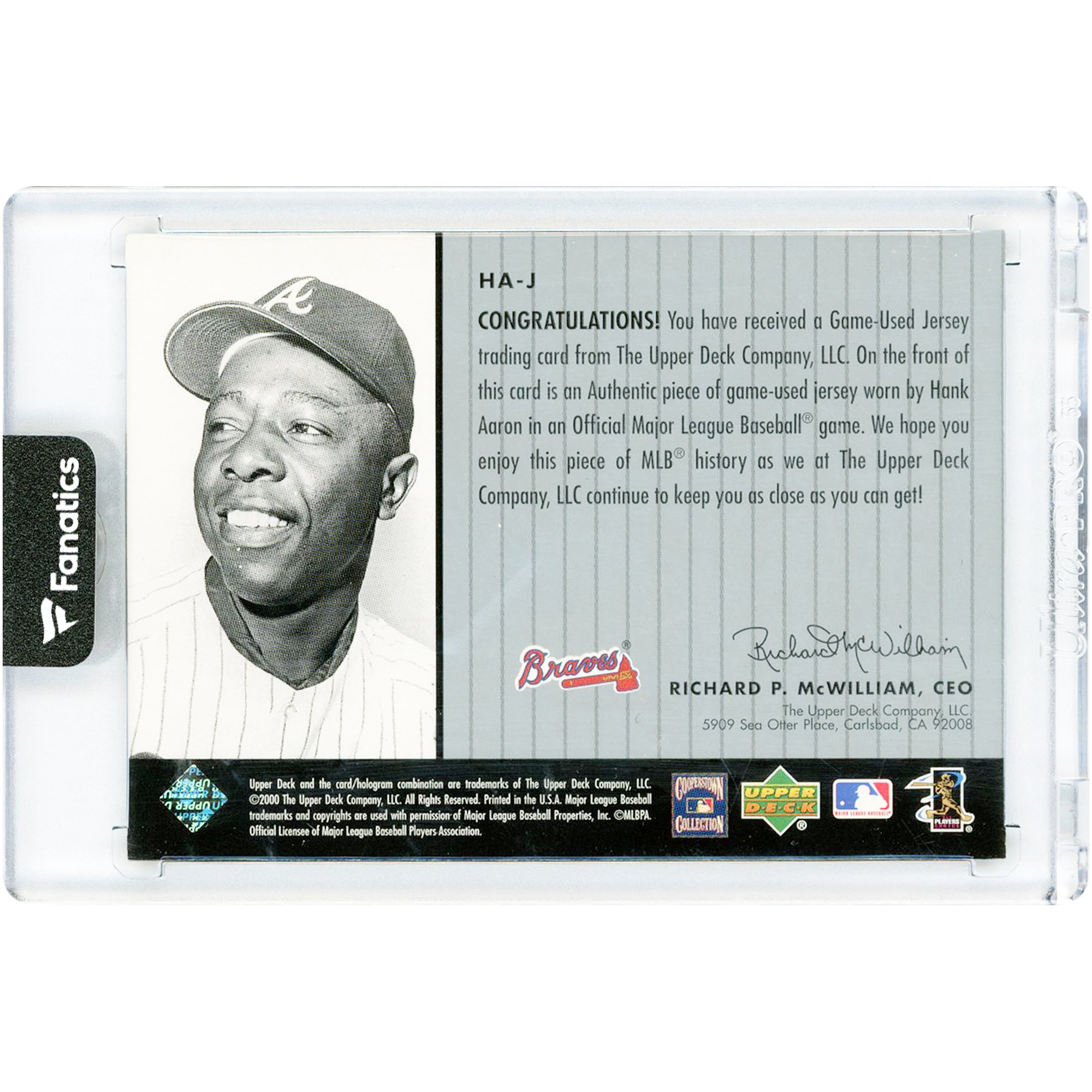 Carte Hank Aaron Atlanta Braves 2000 Upper Deck A Piece Of History 3000 Hit Club Game Used Relic #HA-J