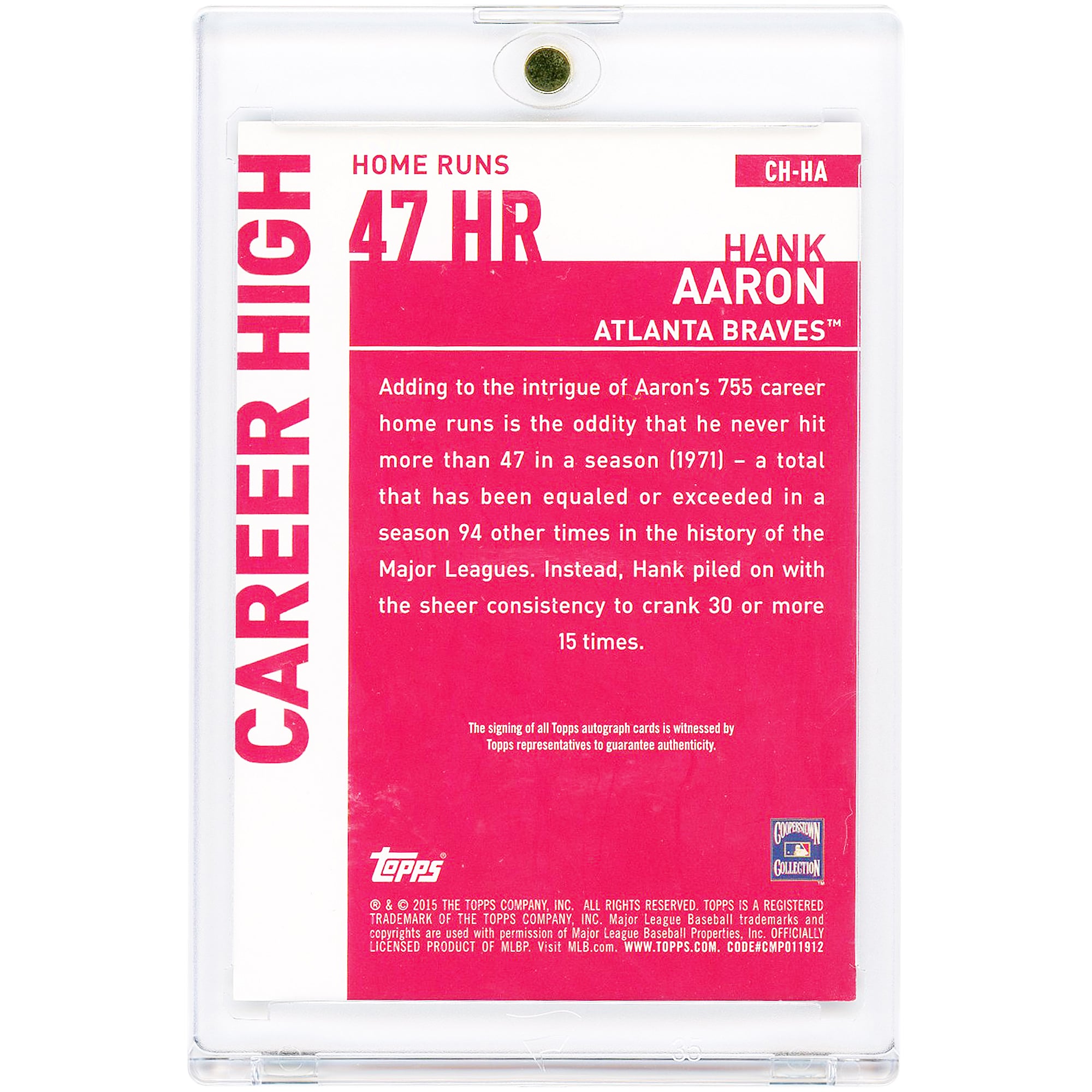 Hank Aaron Atlanta Braves Autographed 2015 Topps Career Highlights 47 HR's #CH-HA Card