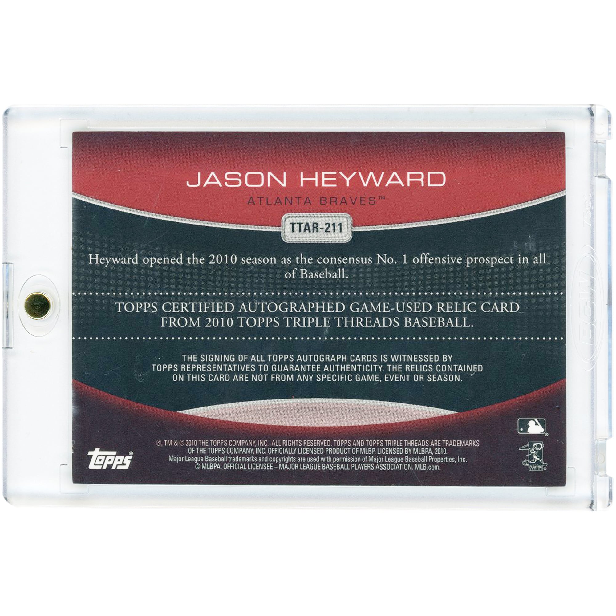 Carte de maillot usagé de Jason Heyward (Atlanta Braves) autographiée, collection Topps Triple Threads 2010, référence #TTAR-211, numéro 18/18
