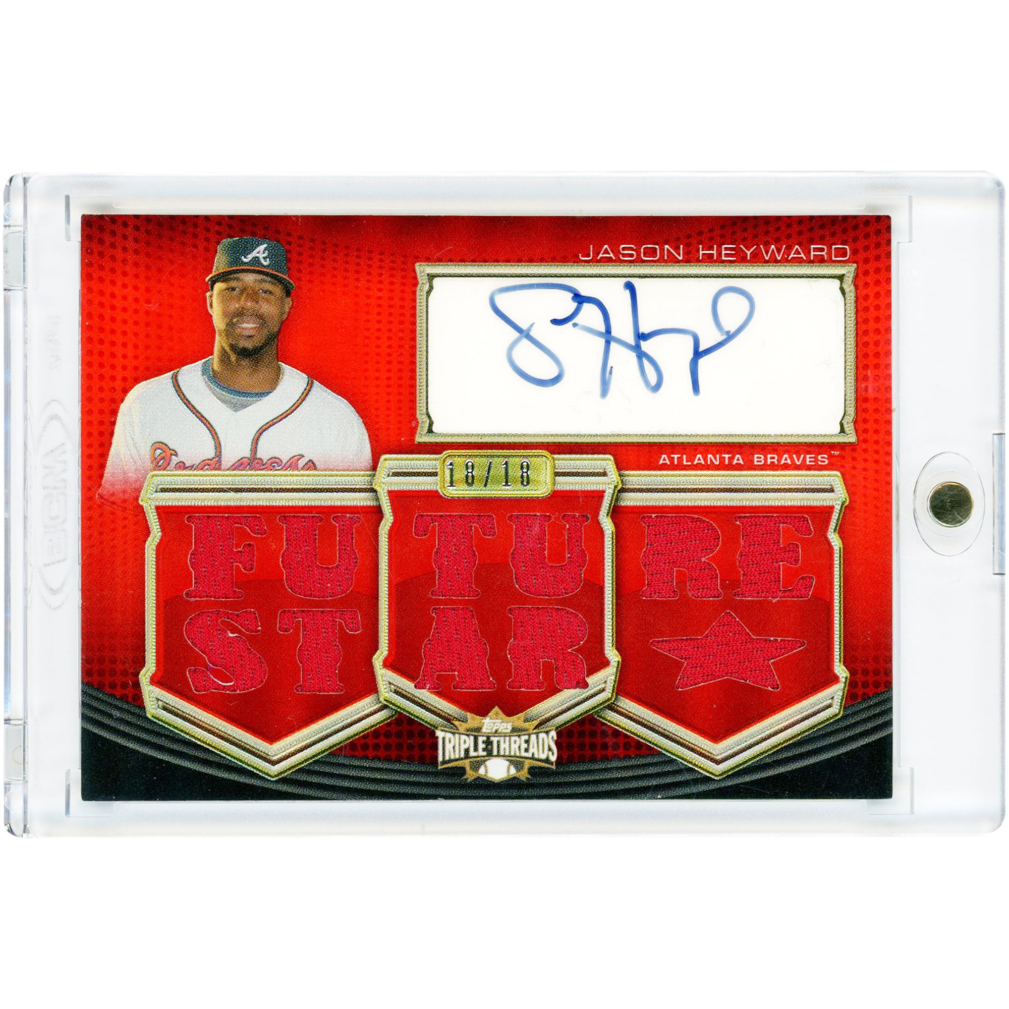 Carte de maillot usagé de Jason Heyward (Atlanta Braves) autographiée, collection Topps Triple Threads 2010, référence #TTAR-211, numéro 18/18