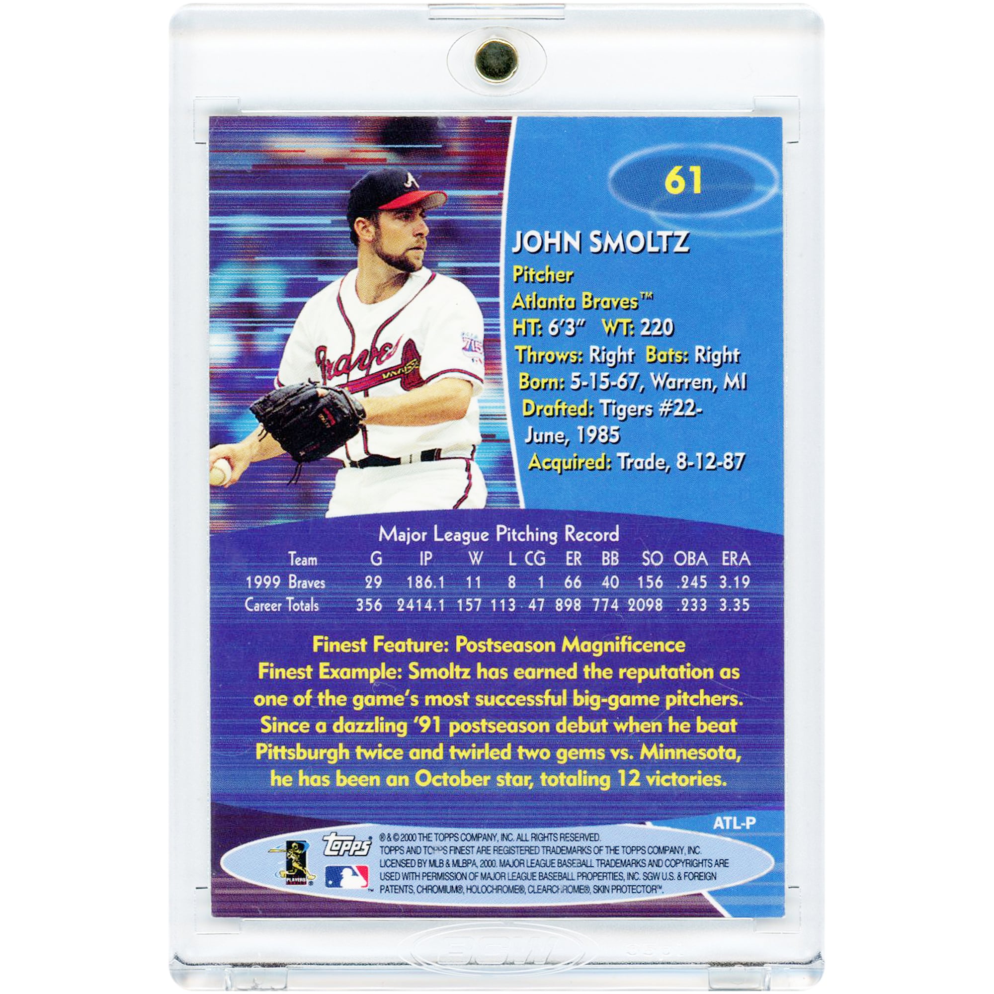 Carte autographiée John Smoltz des Braves d'Atlanta, collection Topps Finest 2000, numéro 61