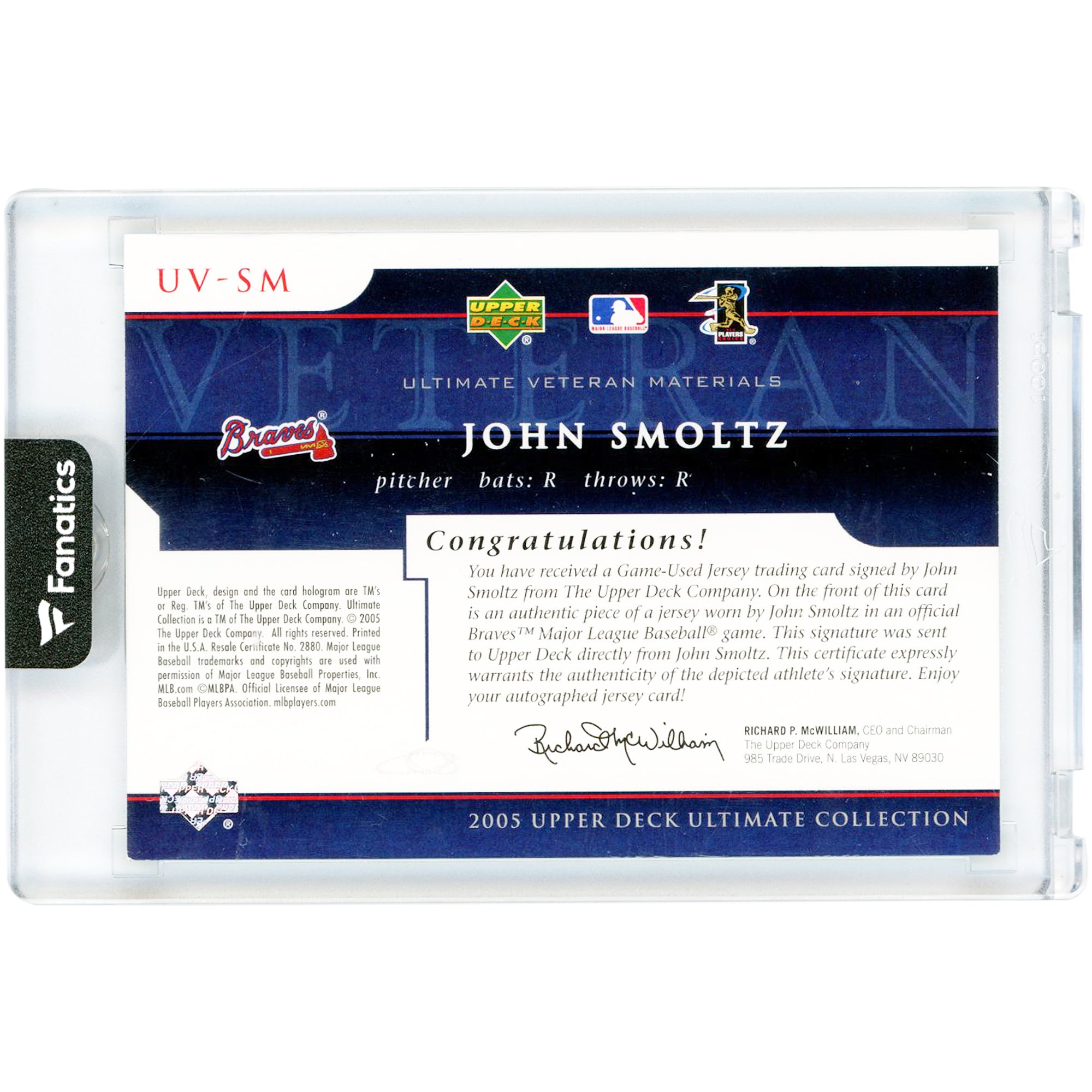 Carte autographiée de John Smoltz (Atlanta Braves) de la collection Upper Deck Ultimate Collection Ultimate Veteran Materials Game Used Jersey Relic 2005 #UV-SM #3/20