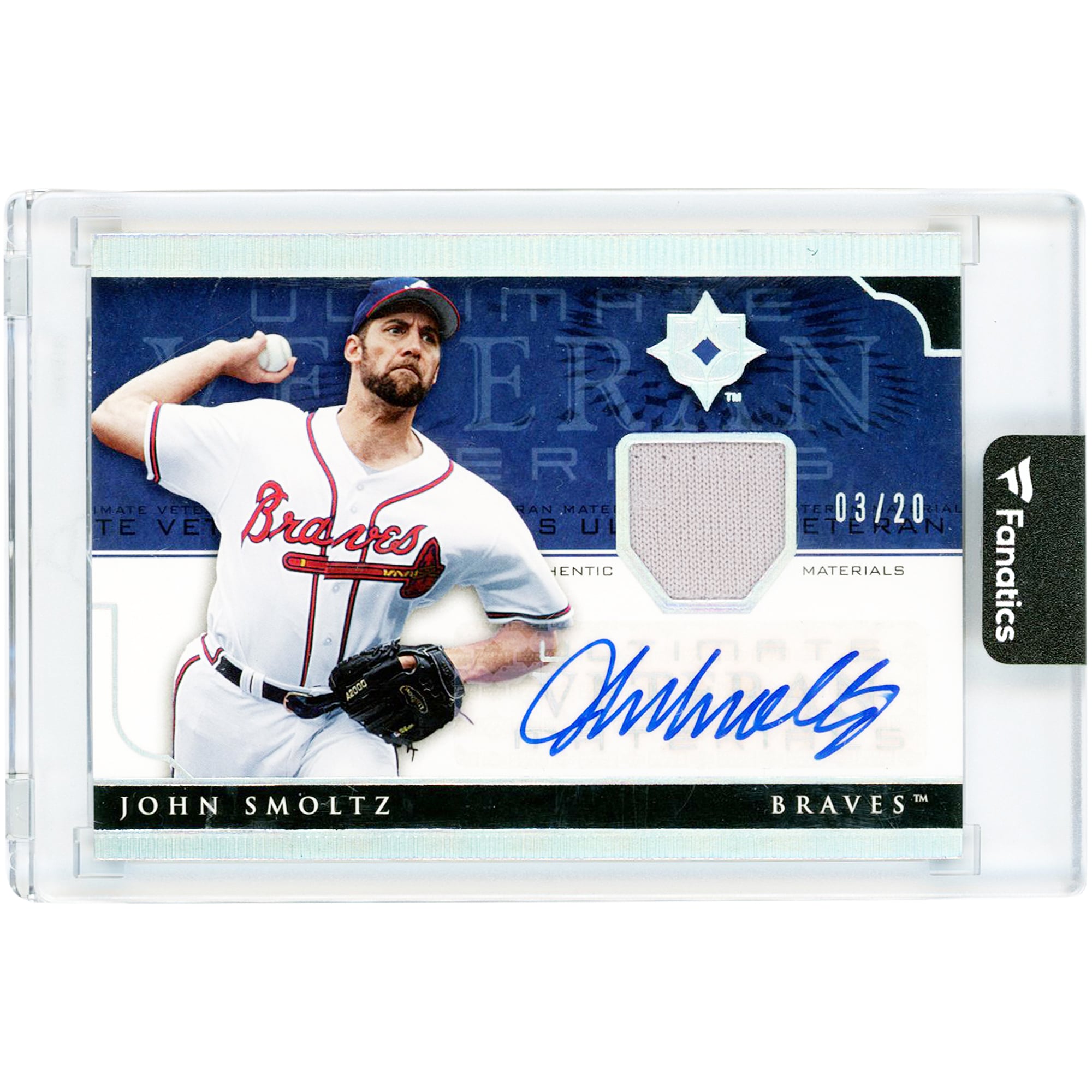 Carte autographiée de John Smoltz (Atlanta Braves) de la collection Upper Deck Ultimate Collection Ultimate Veteran Materials Game Used Jersey Relic 2005 #UV-SM #3/20