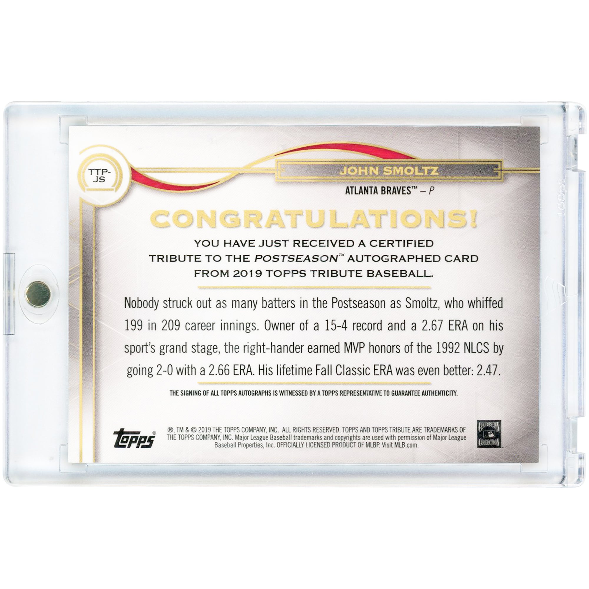 Carte autographiée de John Smoltz (Atlanta Braves) 2019 Topps Tribute Orange #TTP-JS #17/25