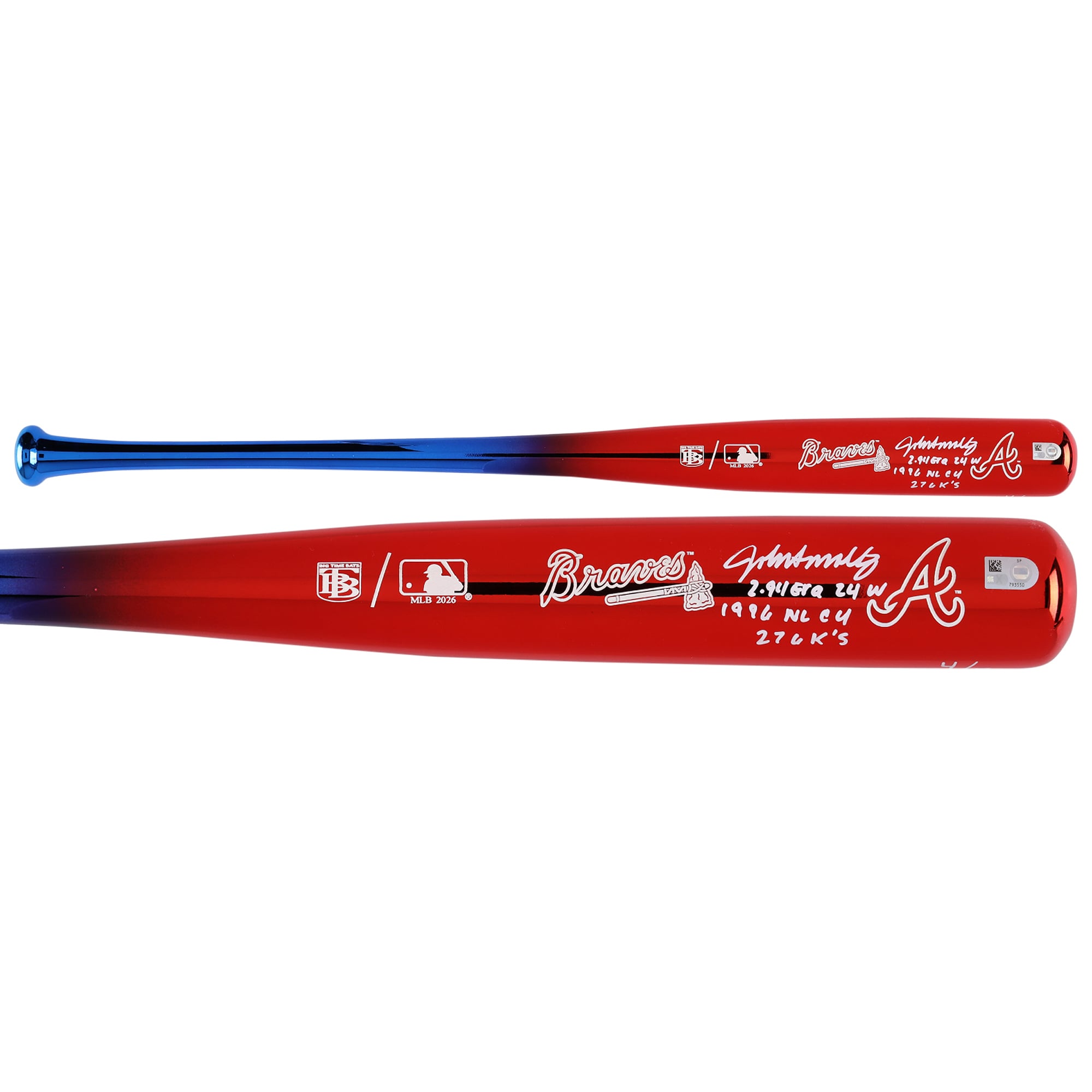 Bâton chromé Big Time Bats autographié par John Smoltz (Atlanta Braves) avec inscriptions multiples