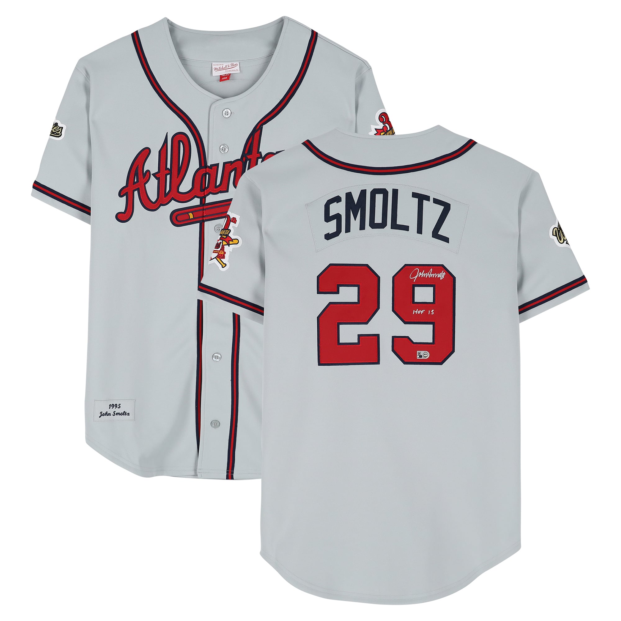 Maillot authentique Mitchell & Ness gris de 1995, signé par John Smoltz (Atlanta Braves), avec inscription « HOF 15 ».