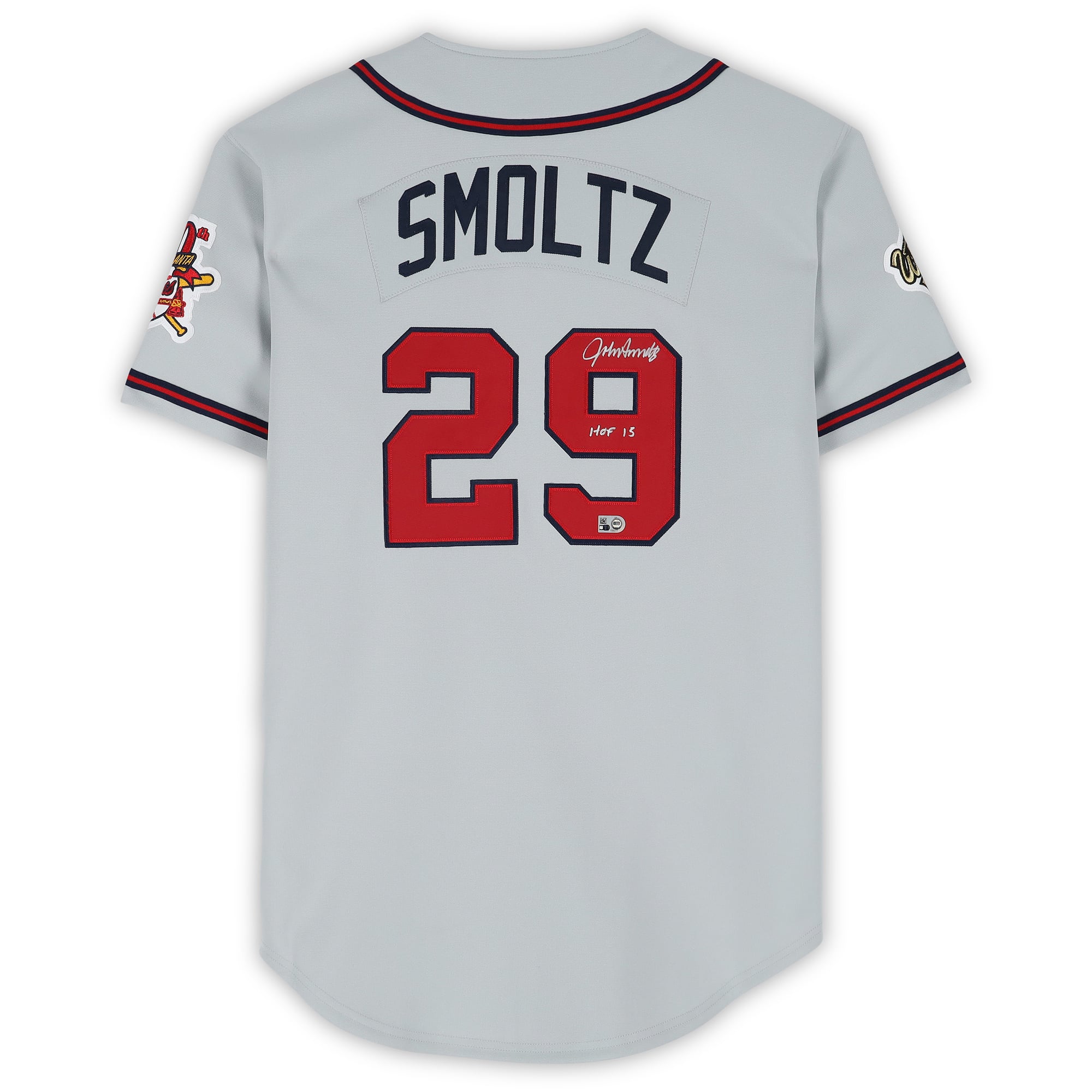 Maillot authentique Mitchell & Ness gris de 1995, signé par John Smoltz (Atlanta Braves), avec inscription « HOF 15 ».