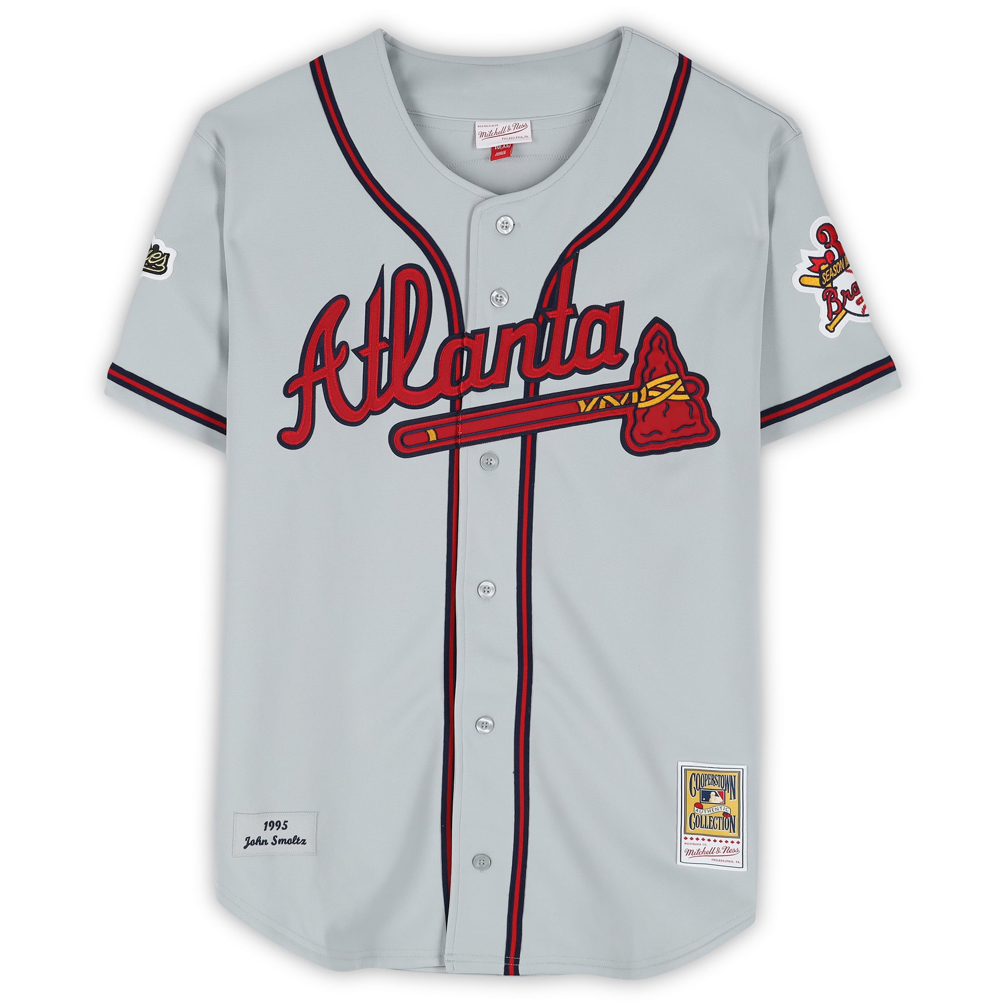 Maillot authentique Mitchell & Ness gris de 1995, signé par John Smoltz (Atlanta Braves), avec inscription « HOF 15 ».