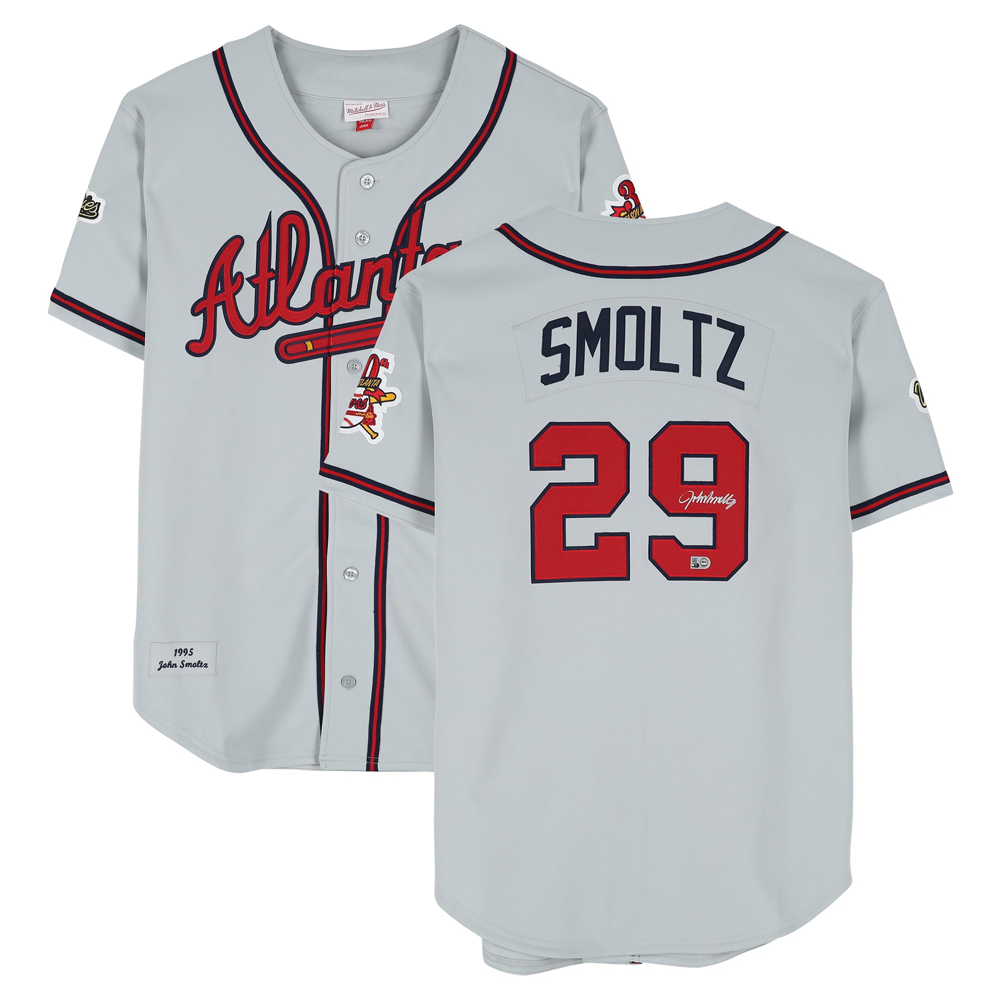 Maillot authentique Mitchell & Ness gris autographié par John Smoltz (Atlanta Braves) de 1995