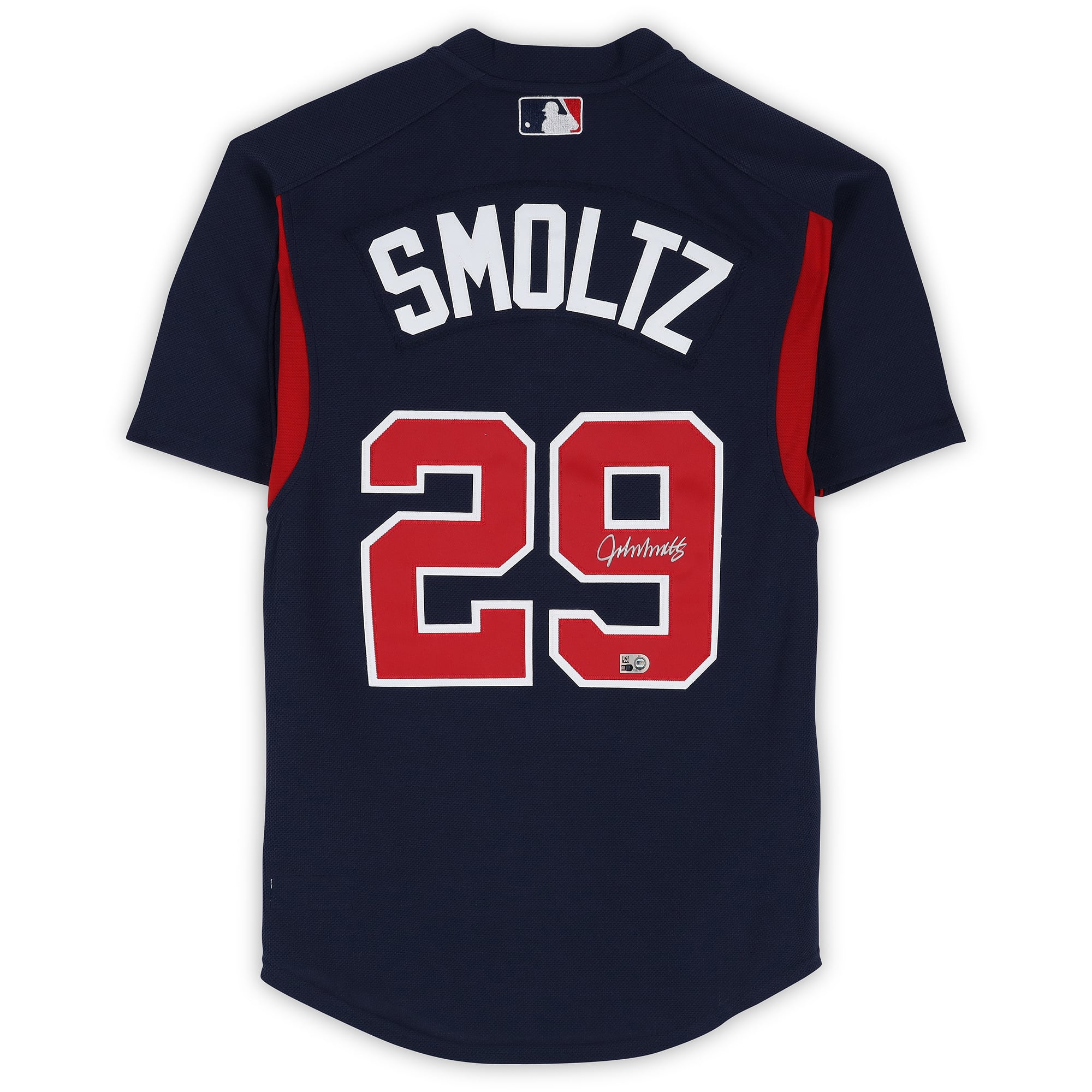 Maillot d'entraînement Mitchell & Ness bleu marine autographié par John Smoltz des Braves d'Atlanta