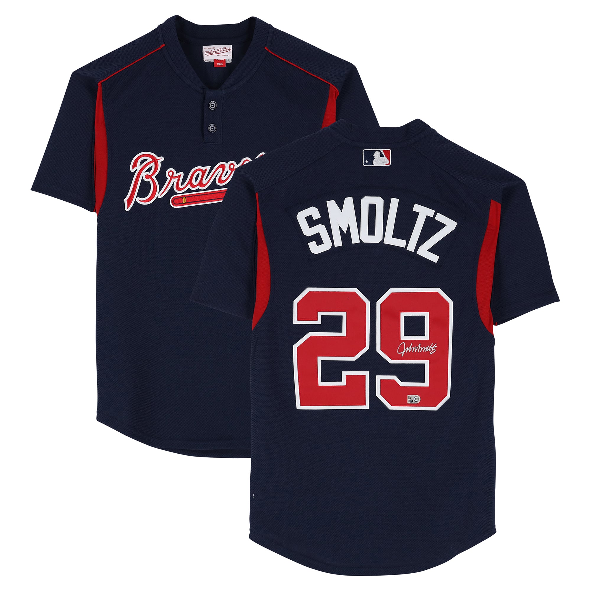 Maillot d'entraînement Mitchell & Ness bleu marine autographié par John Smoltz des Braves d'Atlanta