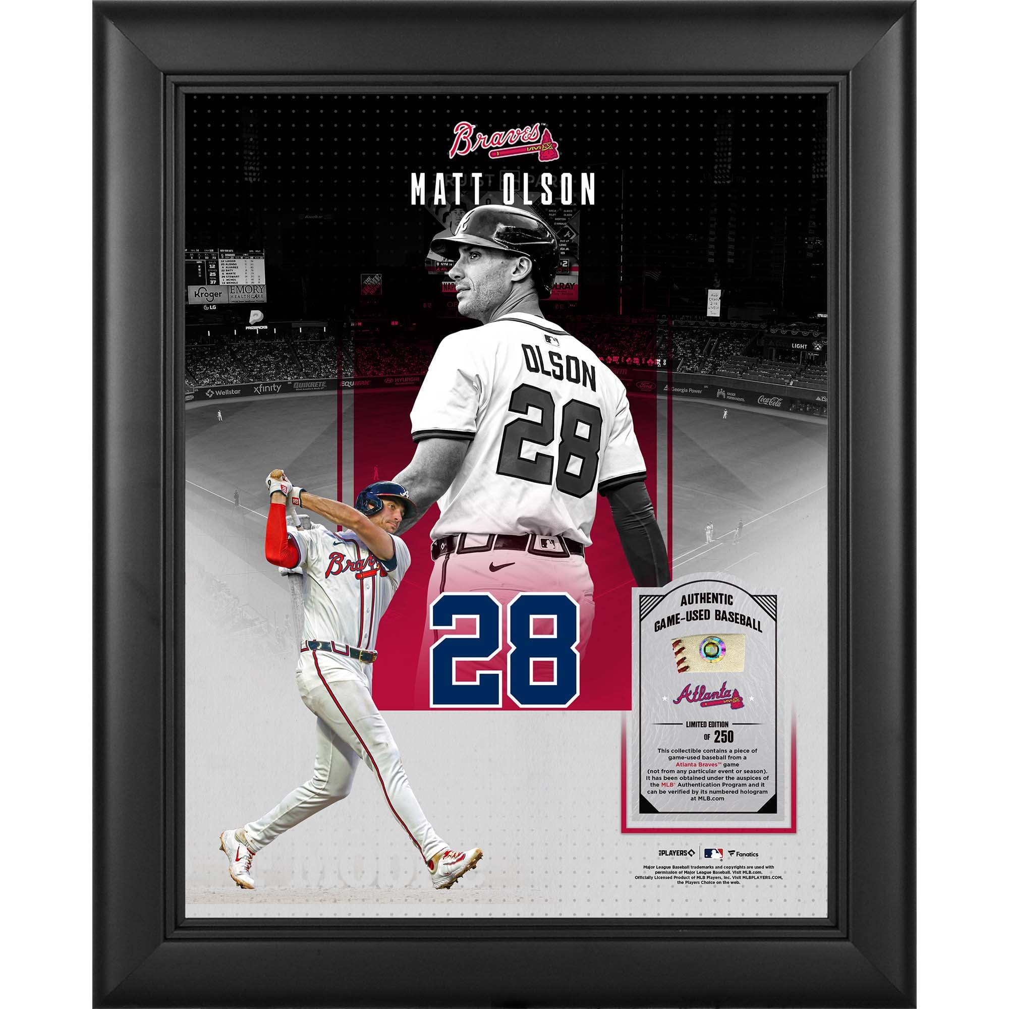 Collage encadré 11" x 14" de Matt Olson, représentant les Braves d'Atlanta, avec un morceau de balle utilisée en match - Édition limitée à 250 exemplaires
