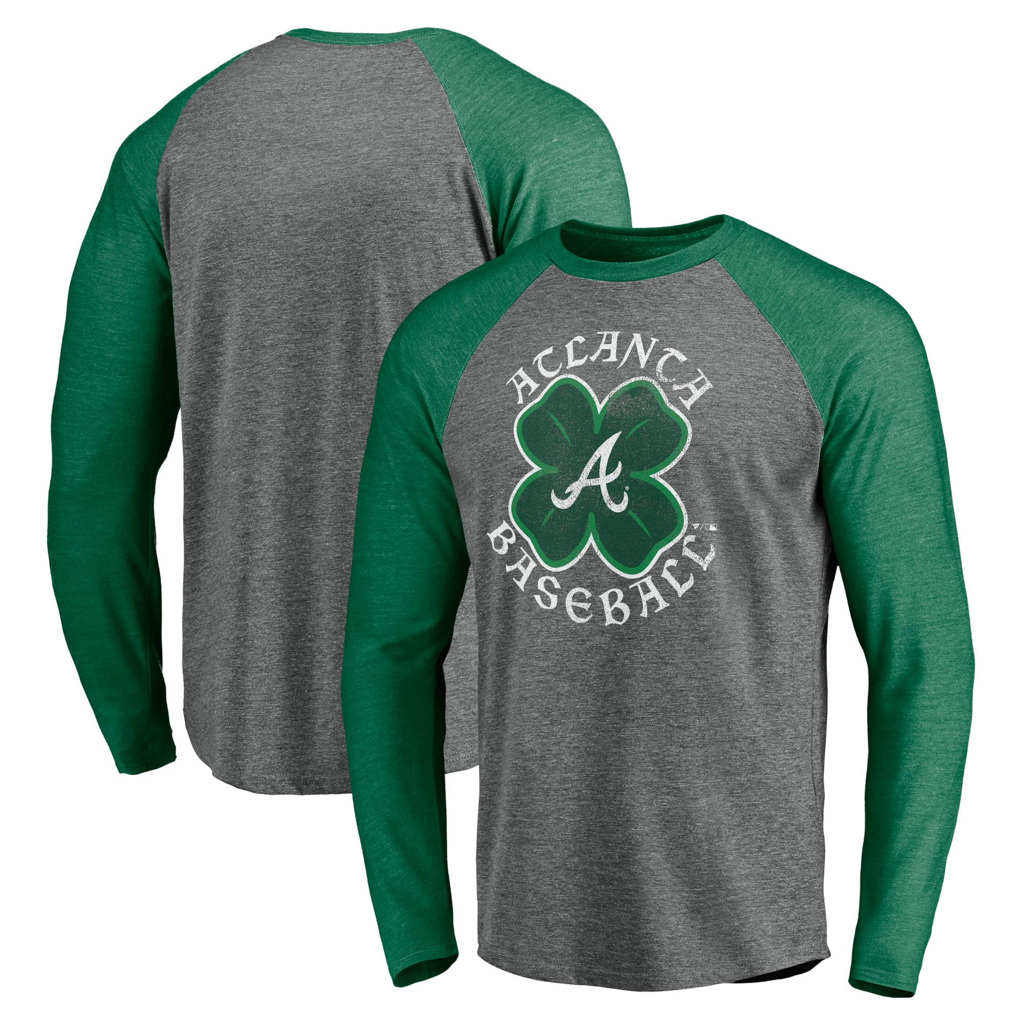 T-shirt à manches longues raglan Atlanta Braves Celtic gris chiné/vert Kelly pour homme de la marque Fanatics