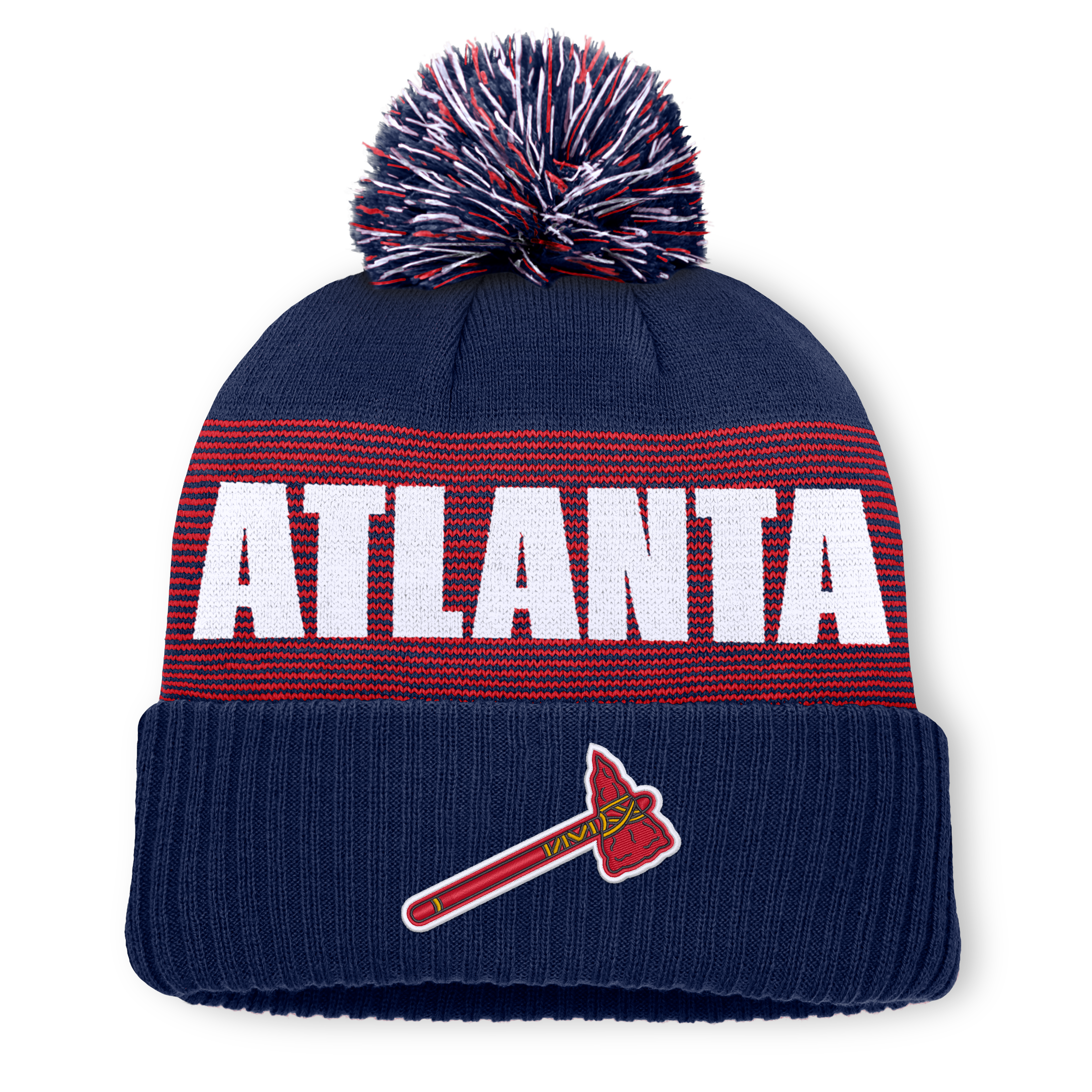Bonnet à revers rayé bleu marine Atlanta Braves pour homme, avec pompon