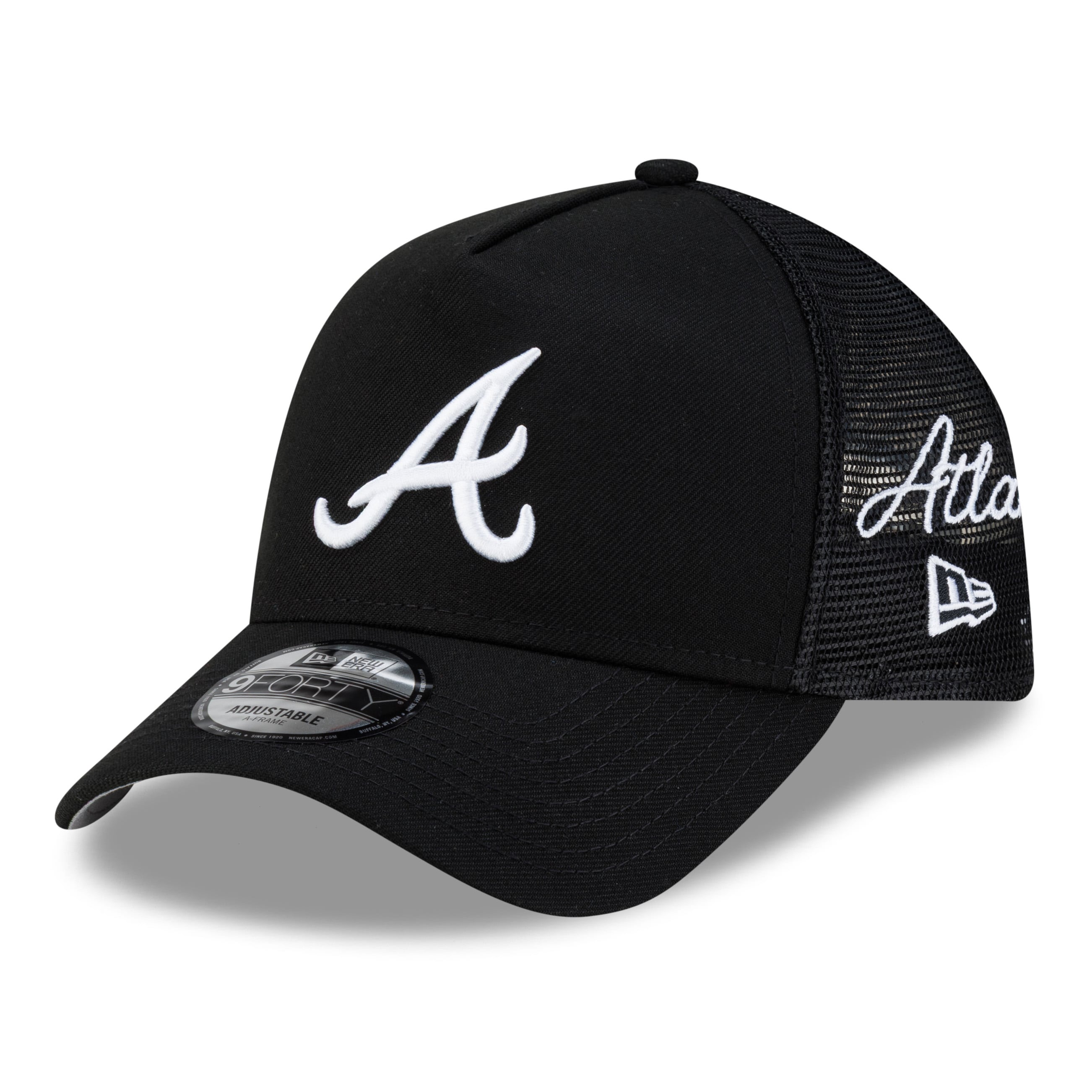 Men's New Era Black Atlanta Braves Side Script 9FORTY A-Frame Trucker Adjustable Hat