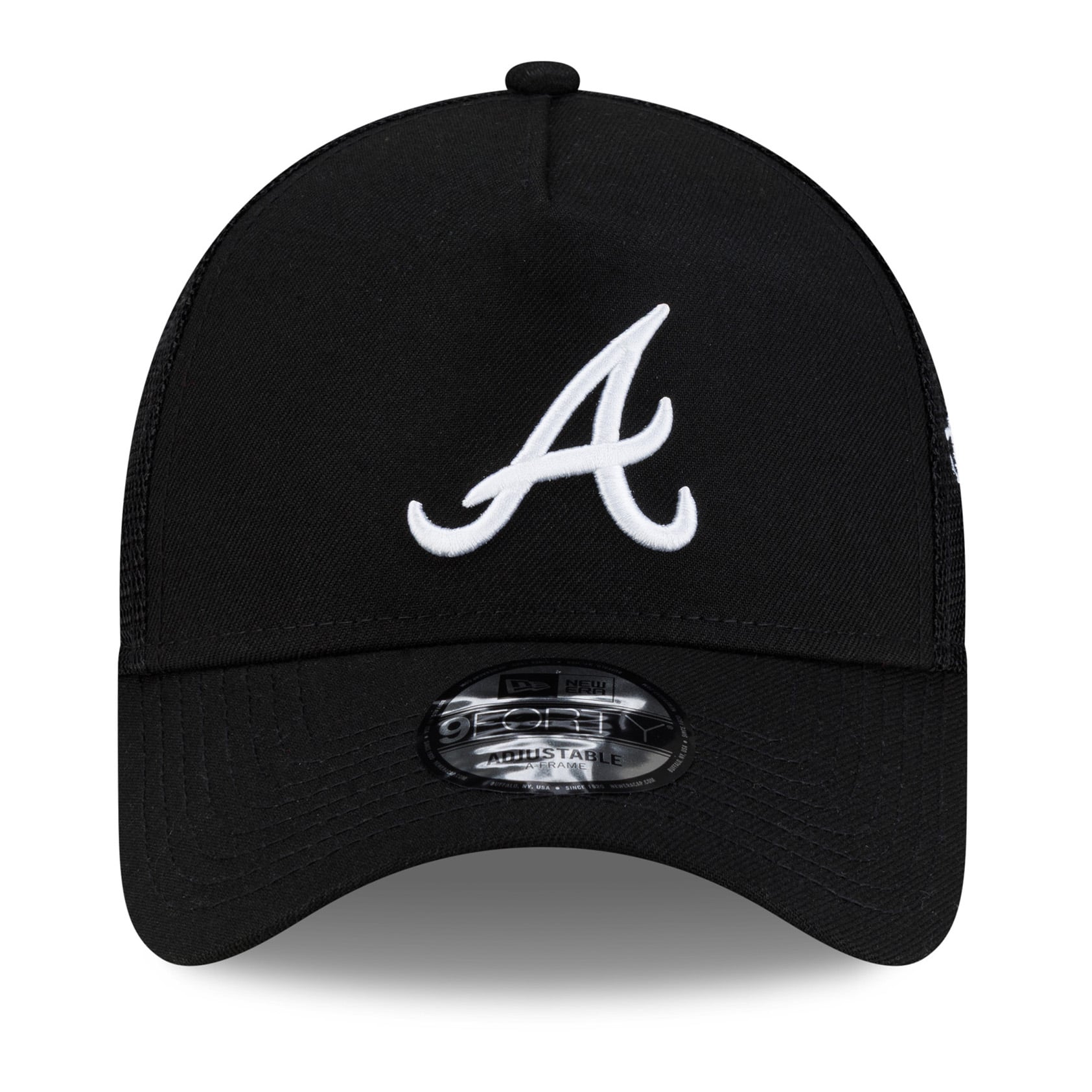 Men's New Era Black Atlanta Braves Side Script 9FORTY A-Frame Trucker Adjustable Hat