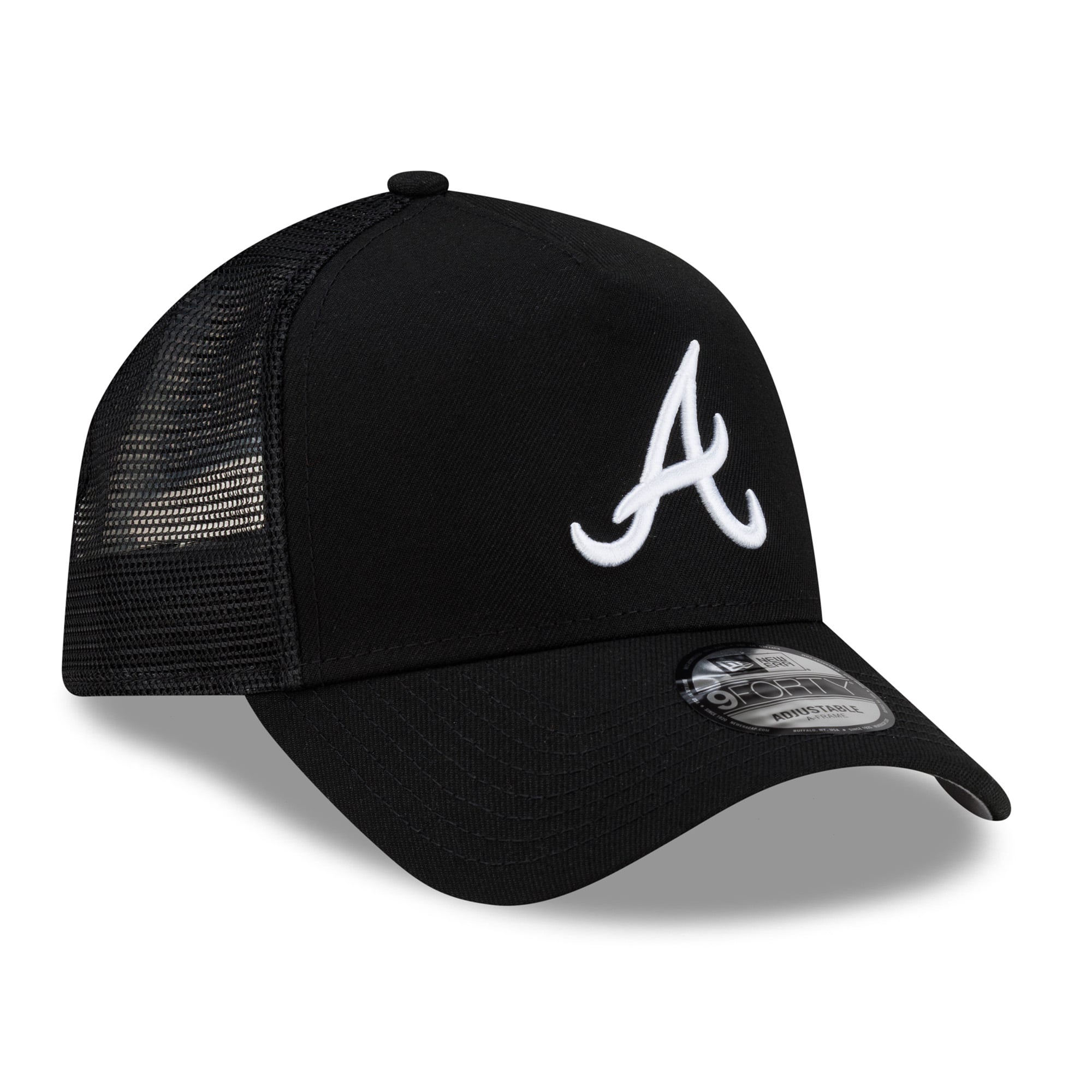 Men's New Era Black Atlanta Braves Side Script 9FORTY A-Frame Trucker Adjustable Hat