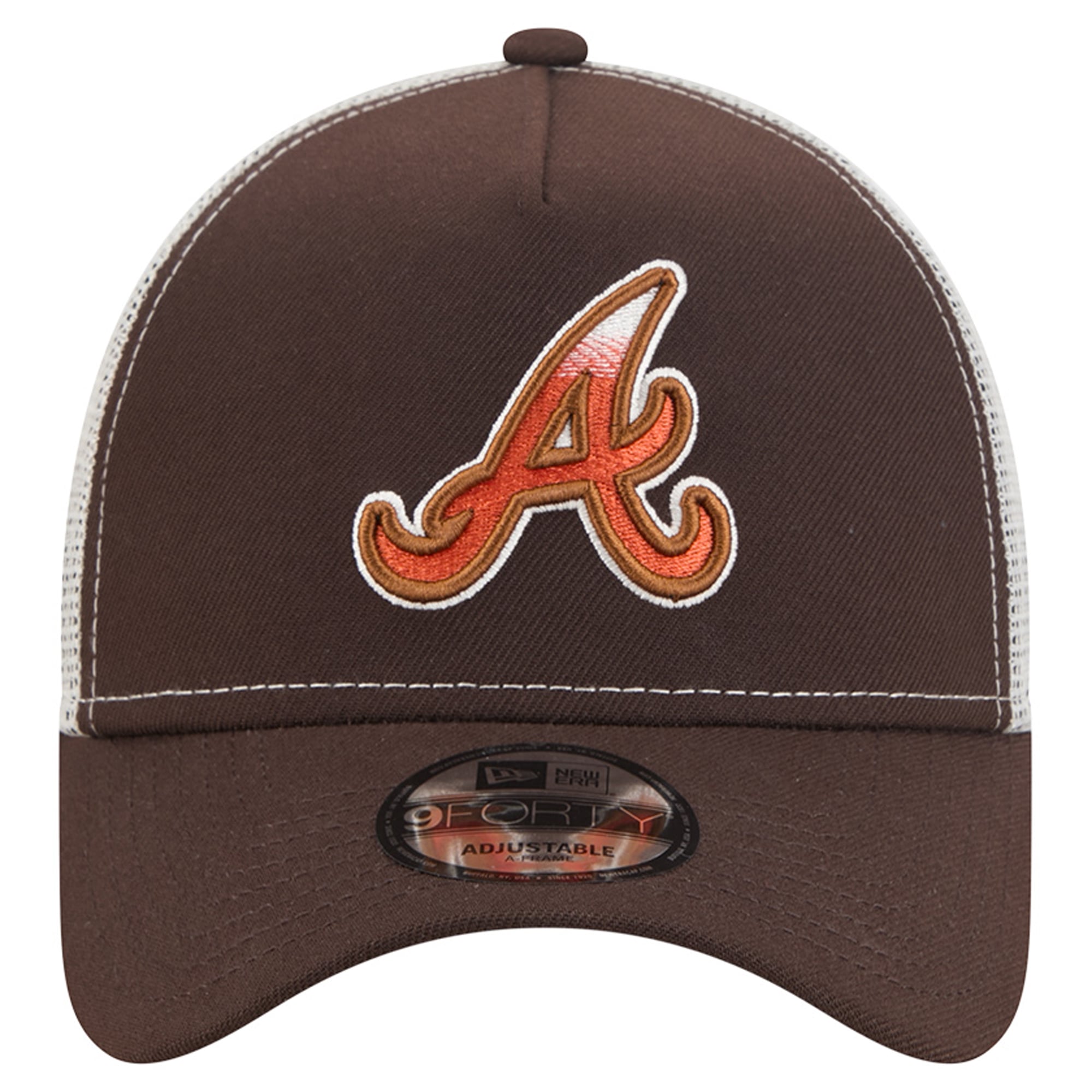 Men's New Era Brown Atlanta Braves Pumpkin Spice A-Frame 9FORTY Adjustable Trucker Hat