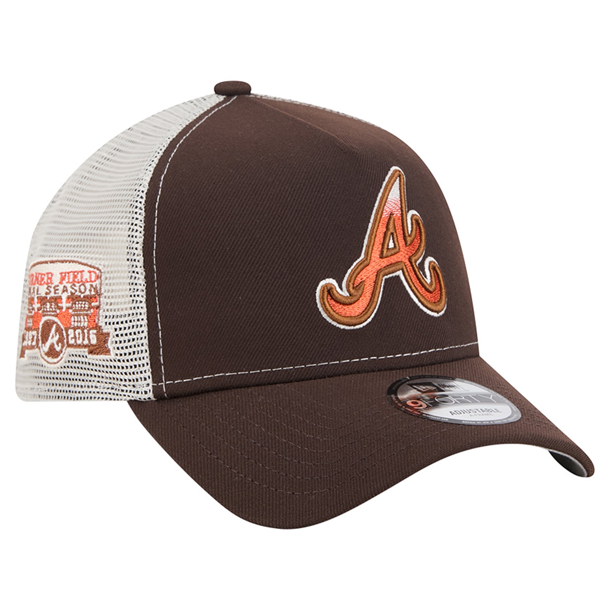 Men's New Era Brown Atlanta Braves Pumpkin Spice A-Frame 9FORTY Adjustable Trucker Hat