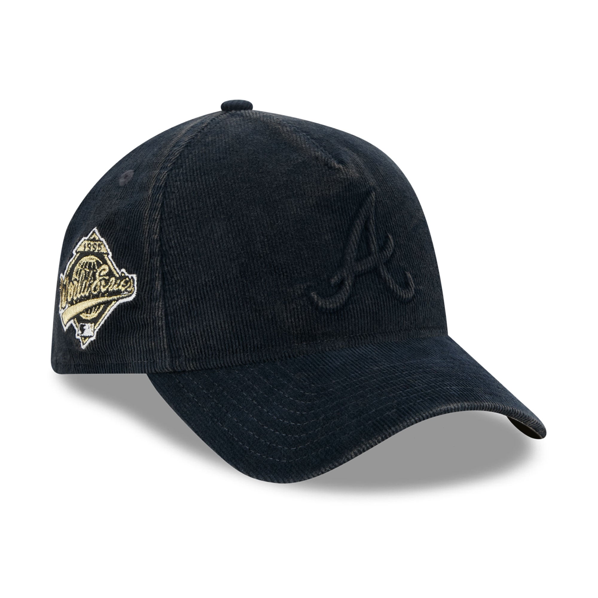 Casquette New Era 9FORTY pour homme, bleu marine, Atlanta Braves, Série mondiale 1995, patch latéral, velours côtelé ton sur ton.