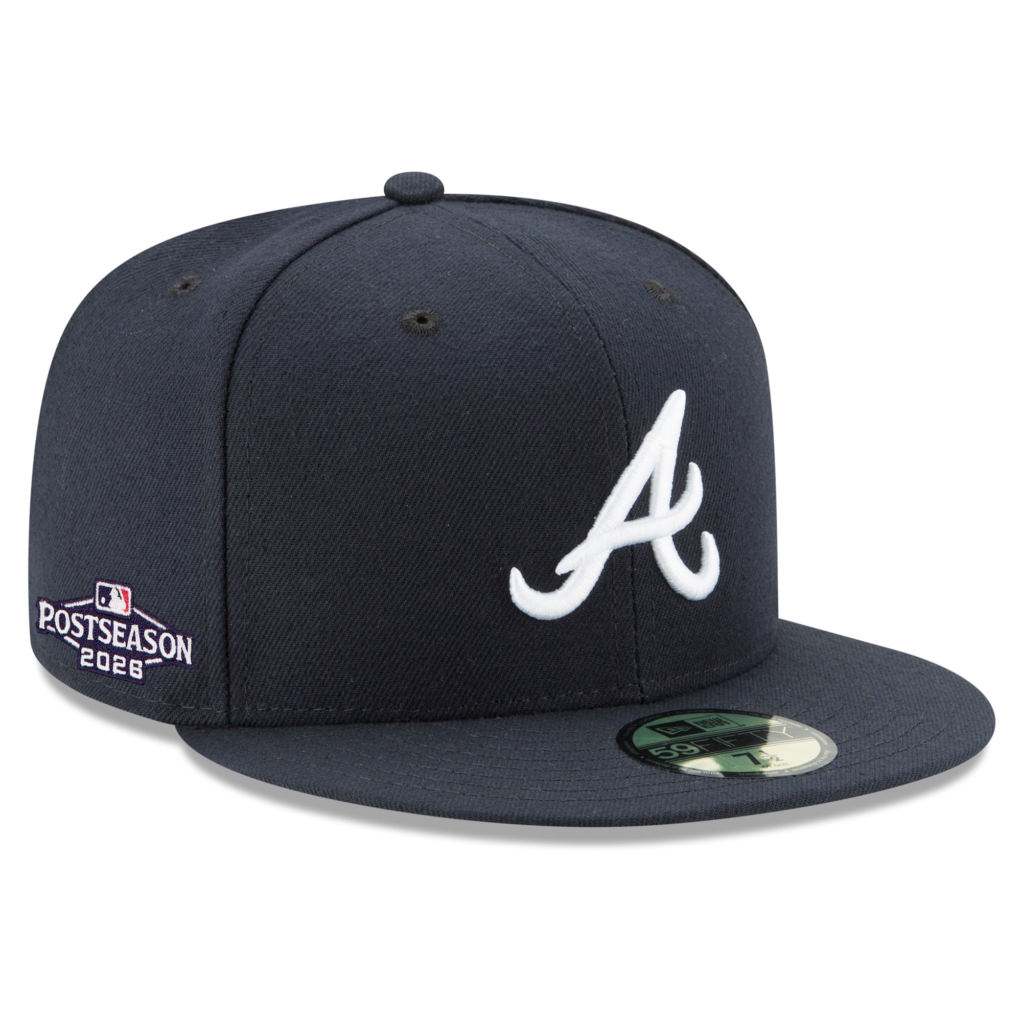 Casquette ajustée New Era 59FIFTY pour homme, bleu marine, Atlanta Braves, 2026 MLB, écusson latéral, séries éliminatoires.