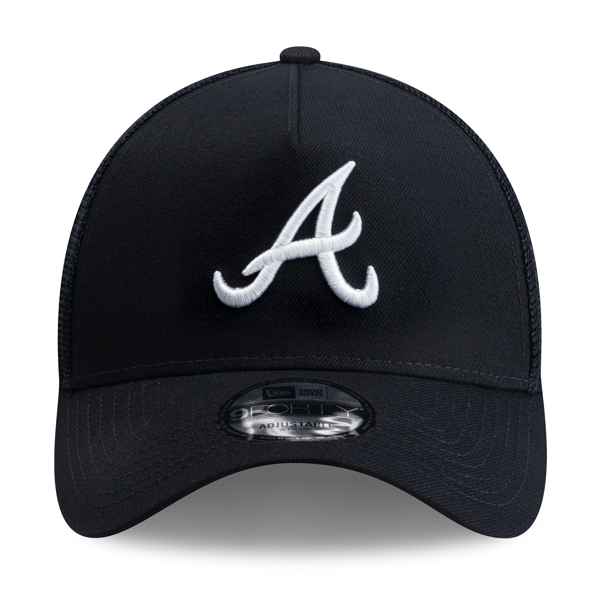 Men's New Era Navy Atlanta Braves Side Script 9FORTY A-Frame Trucker Adjustable Hat