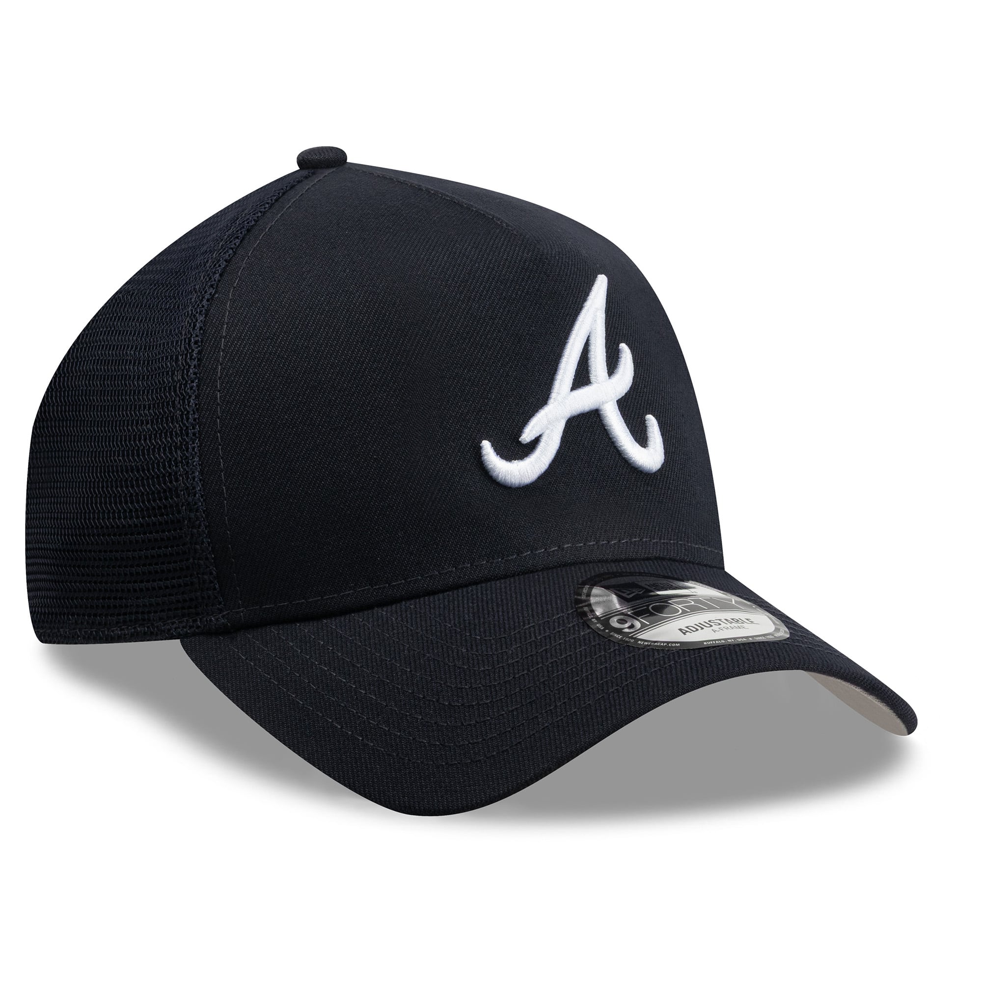 Men's New Era Navy Atlanta Braves Side Script 9FORTY A-Frame Trucker Adjustable Hat