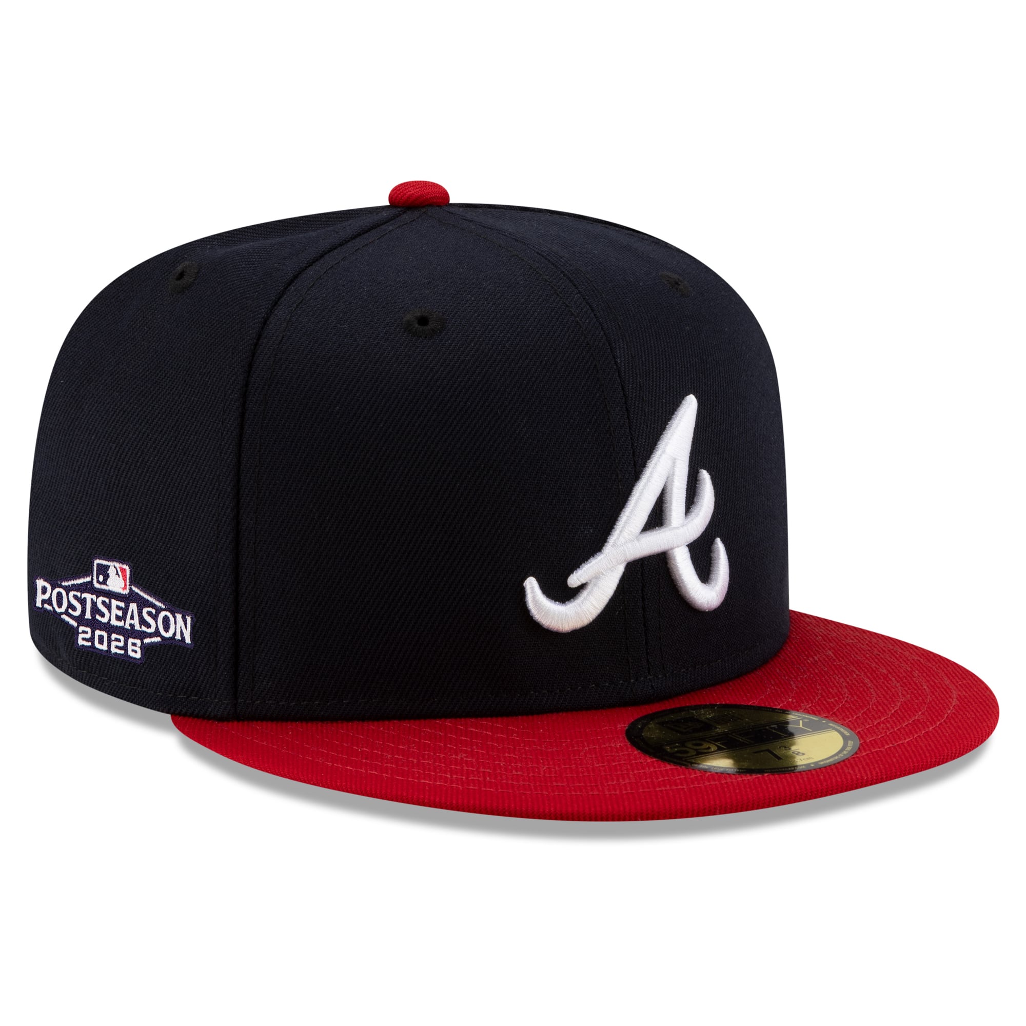 Casquette ajustée New Era 59FIFTY pour homme, bleu marine et rouge, Atlanta Braves, 2026 MLB, séries éliminatoires.