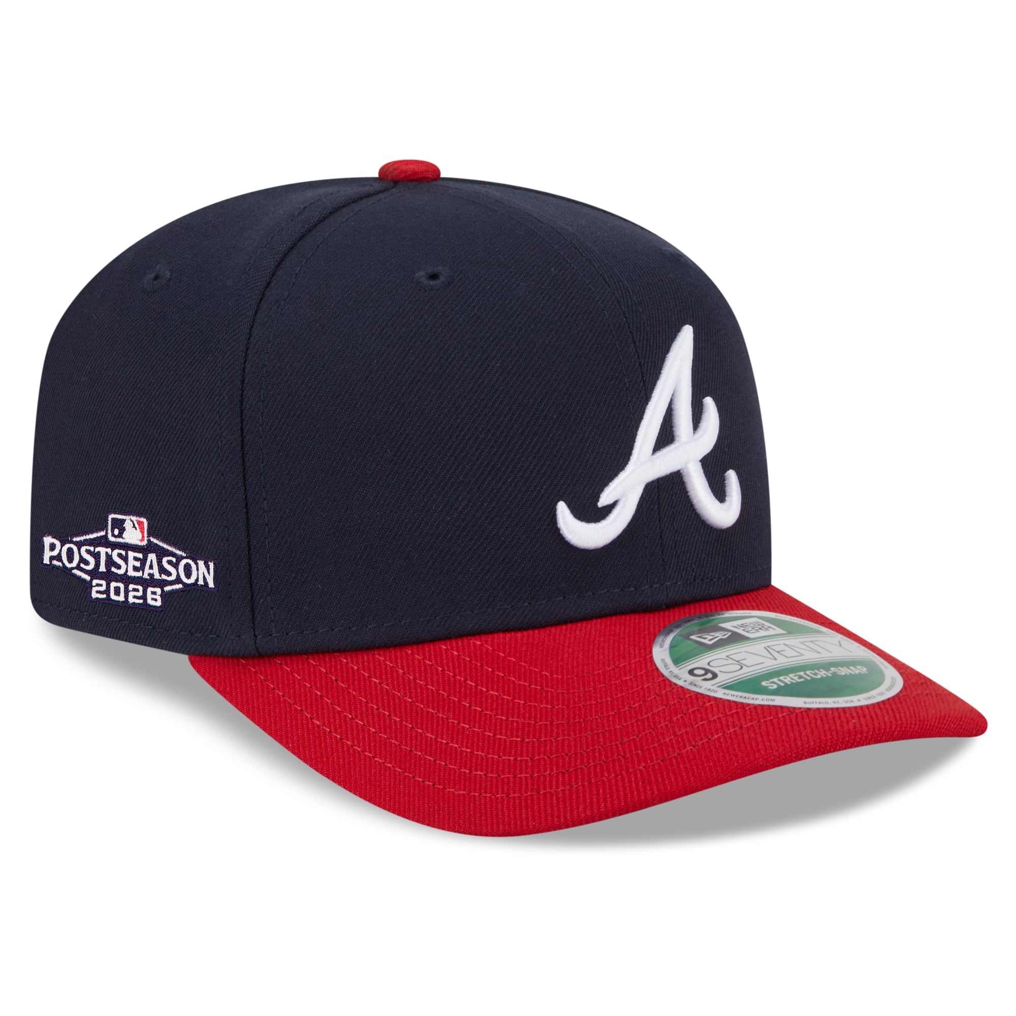Casquette ajustable New Era Atlanta Braves 2026 MLB Postseason Side Patch 9SEVENTY pour homme, bleu marine et rouge