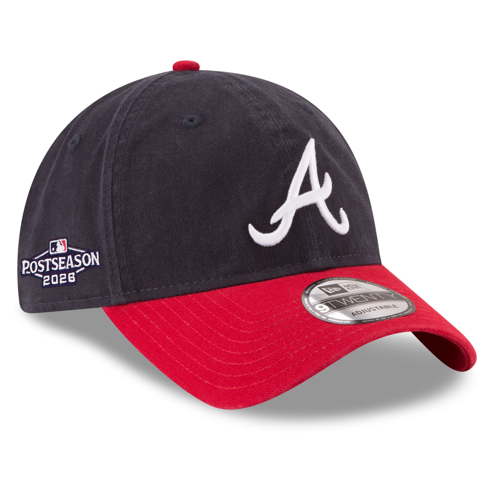 Casquette ajustable New Era Atlanta Braves 2026 MLB Postseason Side Patch 9TWENTY pour homme, bleu marine et rouge