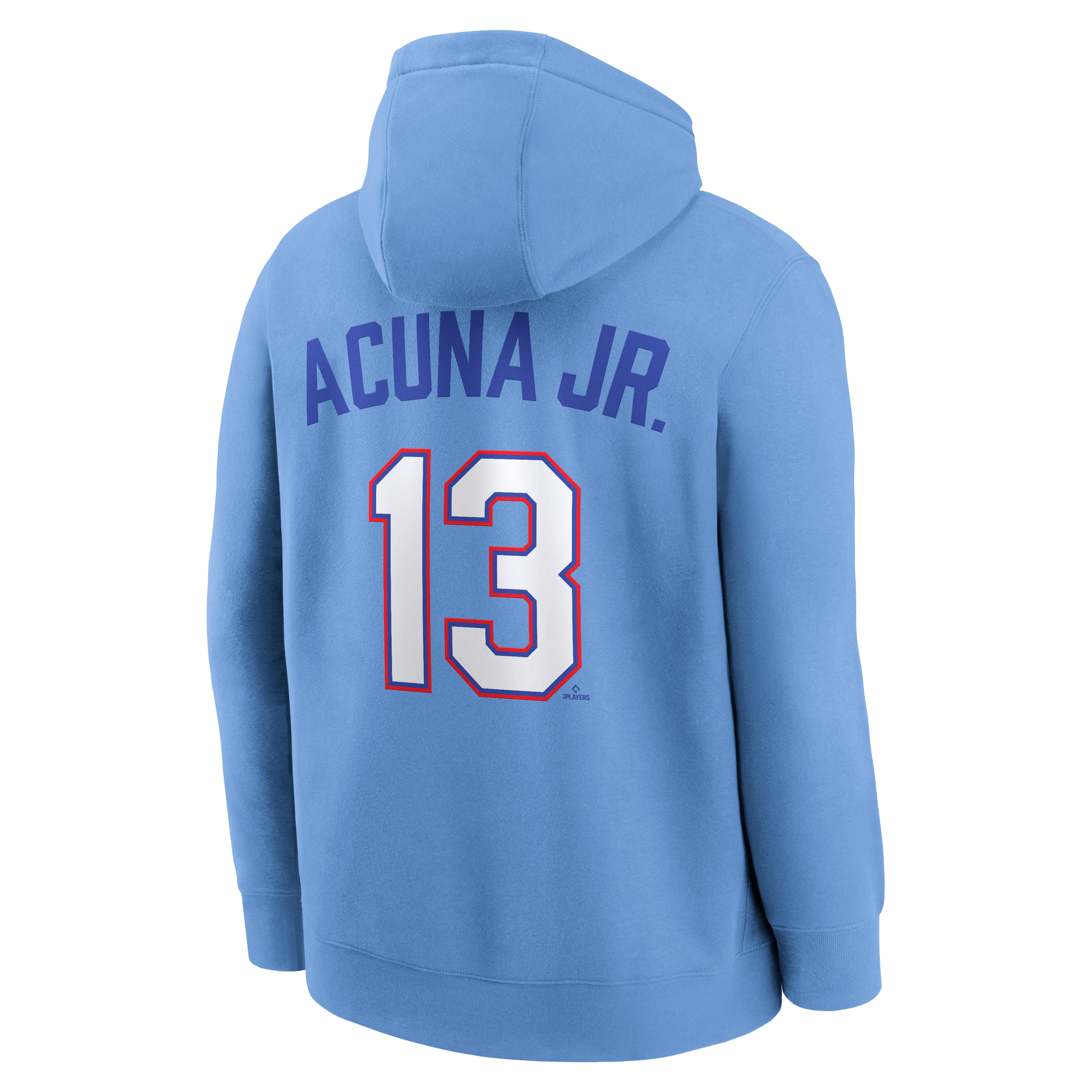 Sweat à capuche en polaire Nike Ronald Acuña Jr. bleu clair, Atlanta Braves, avec nom et numéro.
