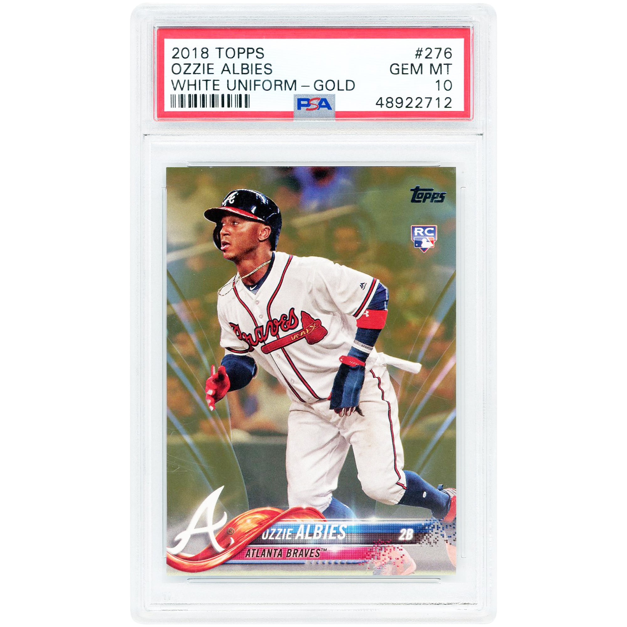 Carte de recrue Ozzie Albies, Braves d'Atlanta, 2018 Topps, uniforme blanc et or, n° 276, n° 59/2018, authentifiée PSA 10