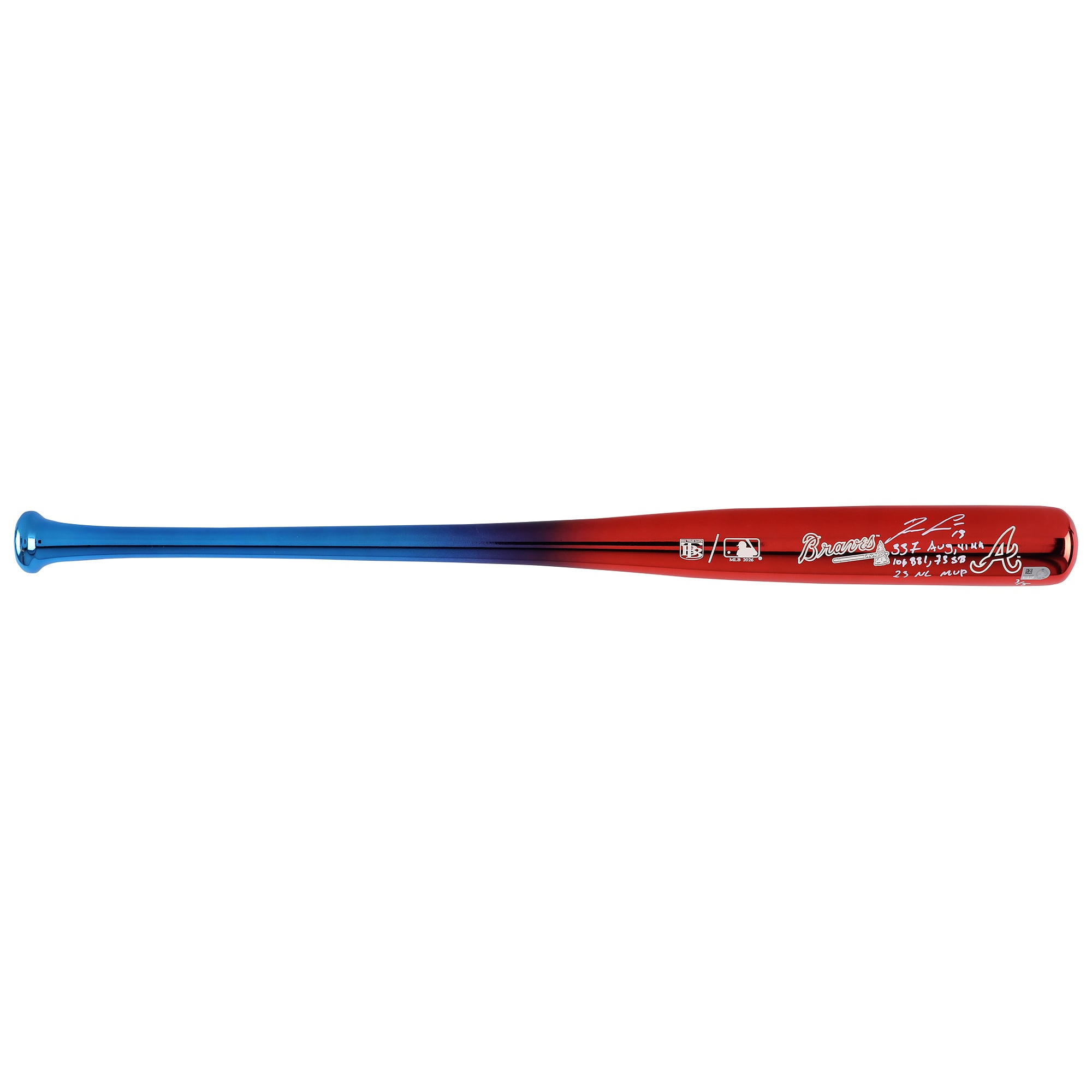 Bâton chromé Big Time Bats autographié par Ronald Acuña Jr. des Braves d'Atlanta avec inscriptions multiples - Édition limitée à 5 exemplaires