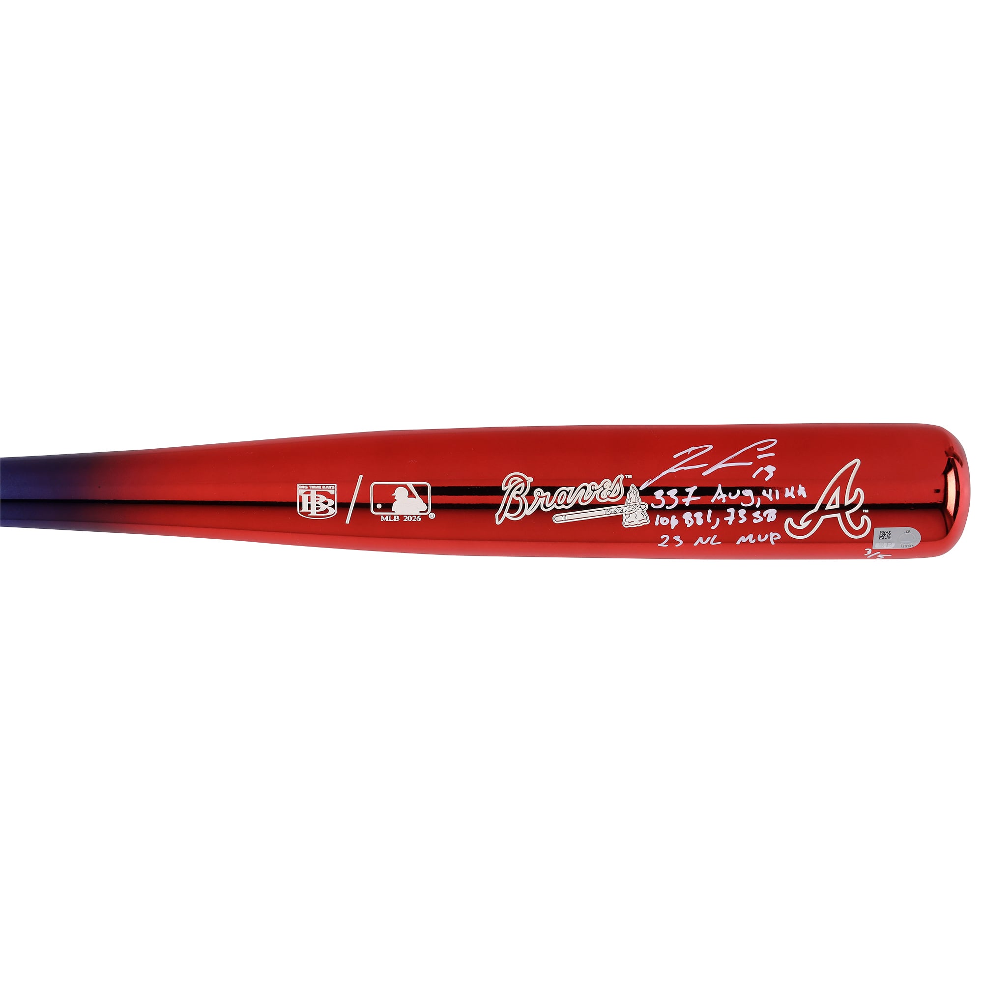Bâton chromé Big Time Bats autographié par Ronald Acuña Jr. des Braves d'Atlanta avec inscriptions multiples - Édition limitée à 5 exemplaires