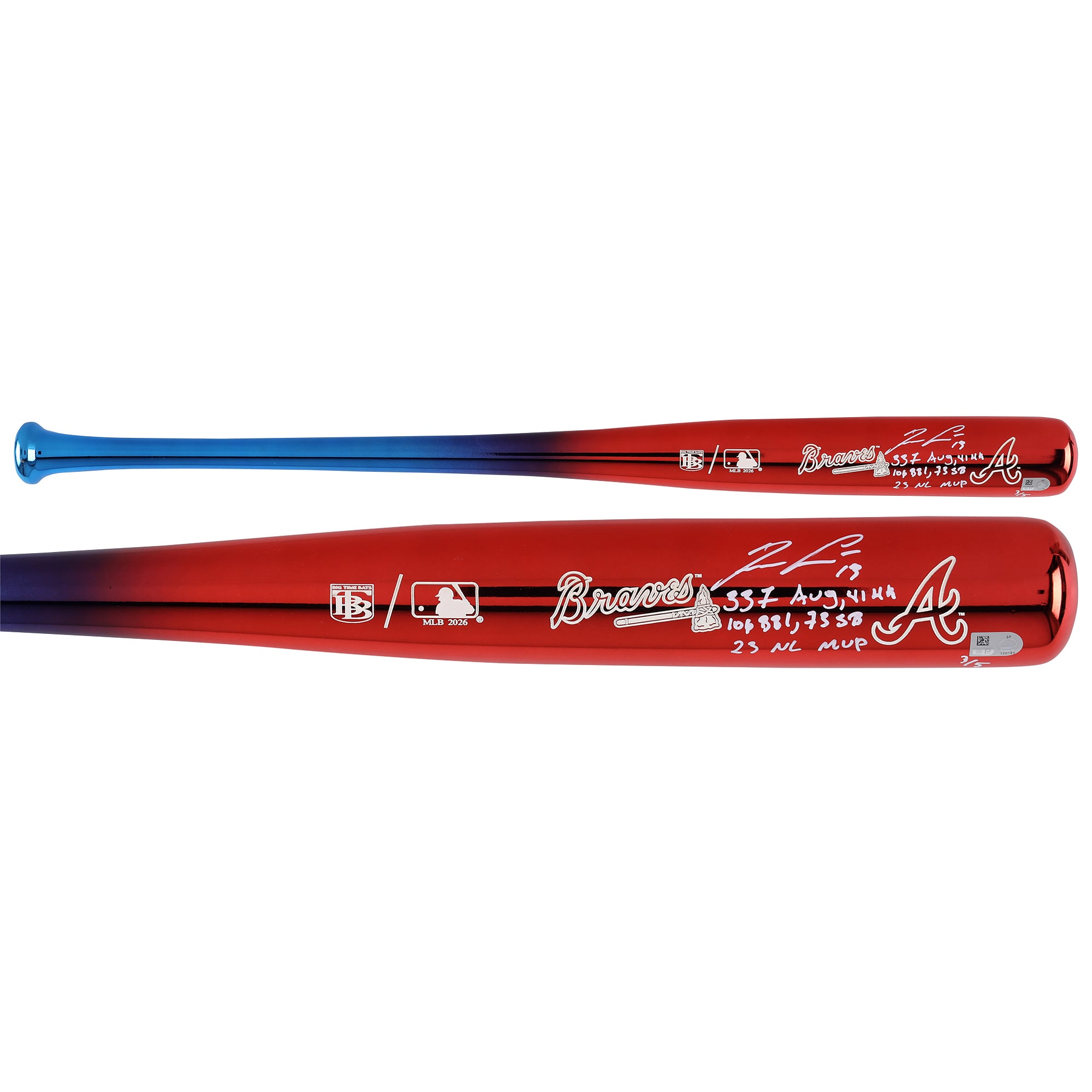 Bâton chromé Big Time Bats autographié par Ronald Acuña Jr. des Braves d'Atlanta avec inscriptions multiples - Édition limitée à 5 exemplaires
