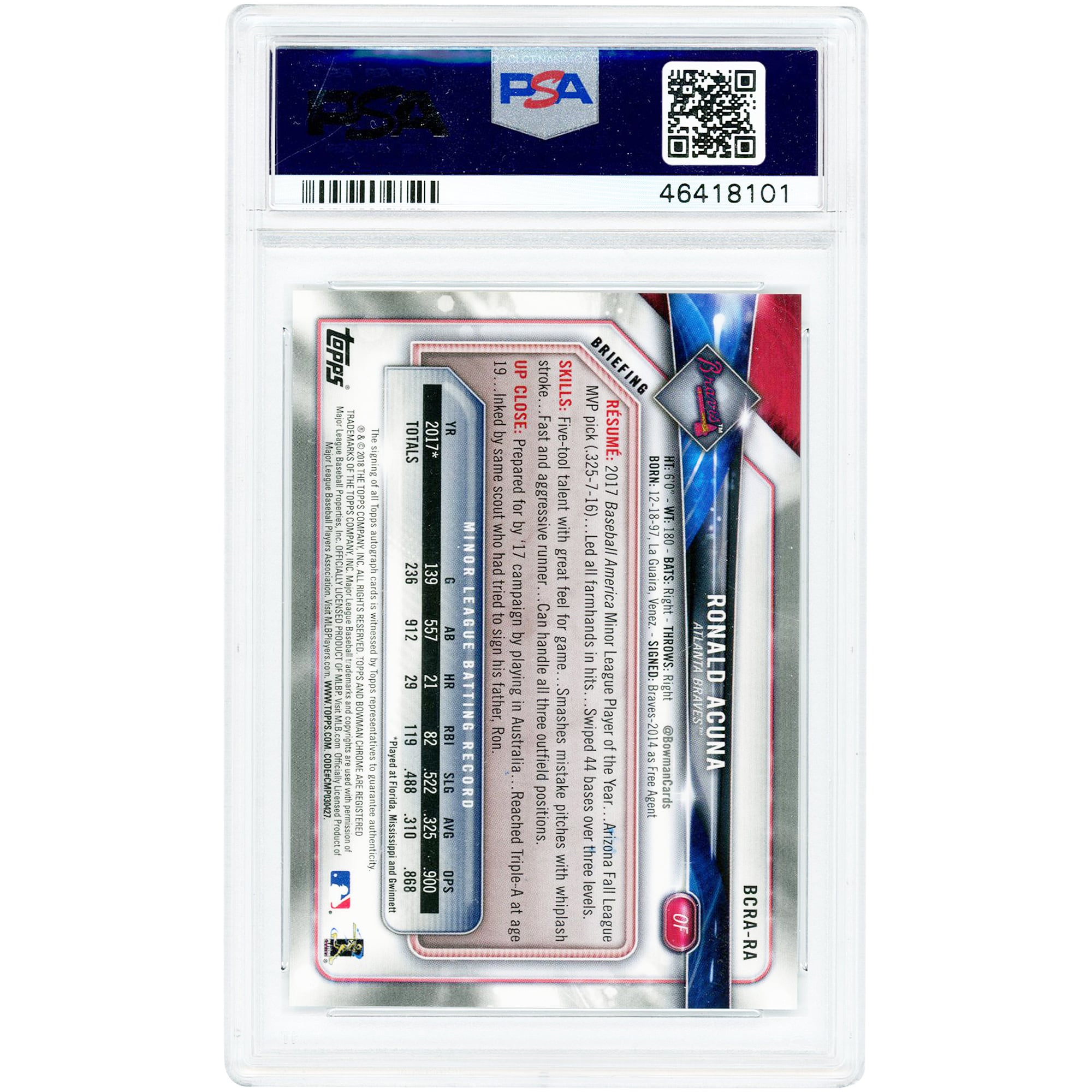 Carte de recrue autographiée de Ronald Acuña Jr. (Atlanta Braves) 2018 Bowman Chrome #BCRA-RA, authentifiée PSA 9