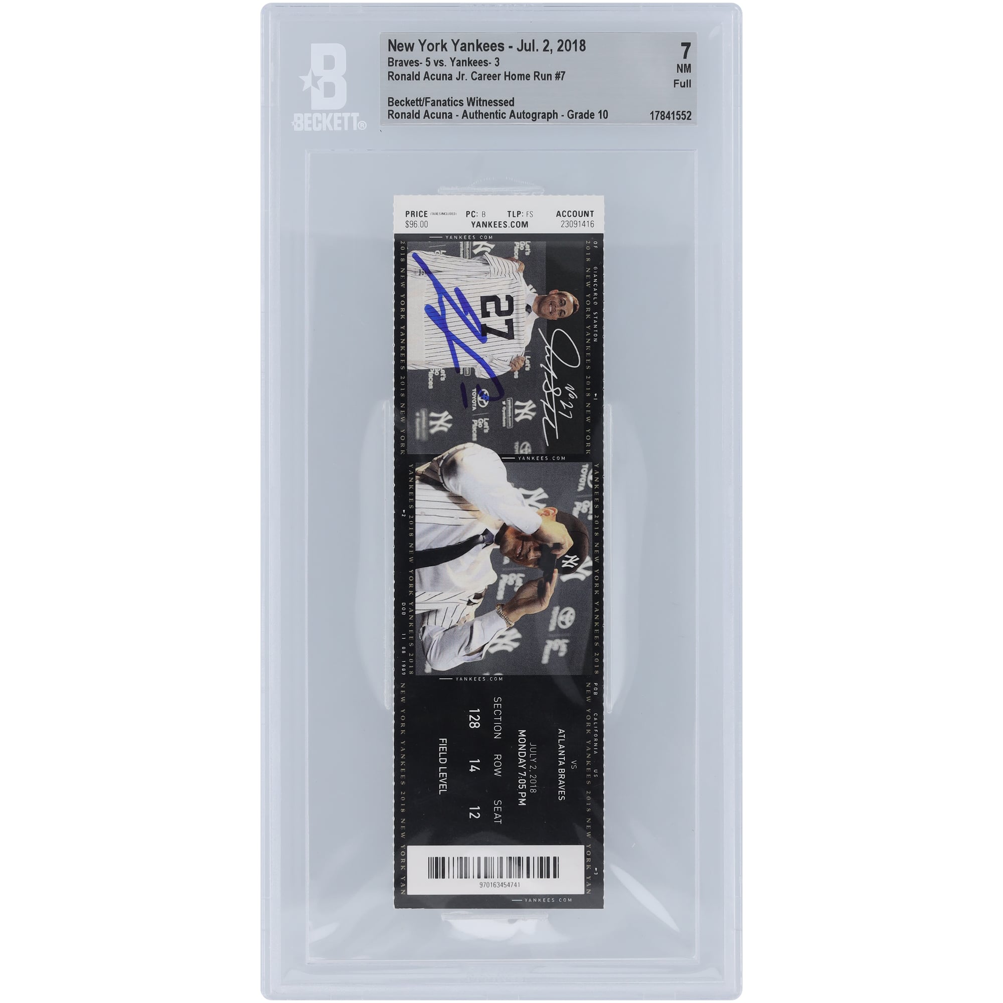 Ronald Acuña Jr. Atlanta Braves Career Home Run #7 Beckett Fanatics Witnessed Authenticated 7/10 Ticket from July 2, 2018