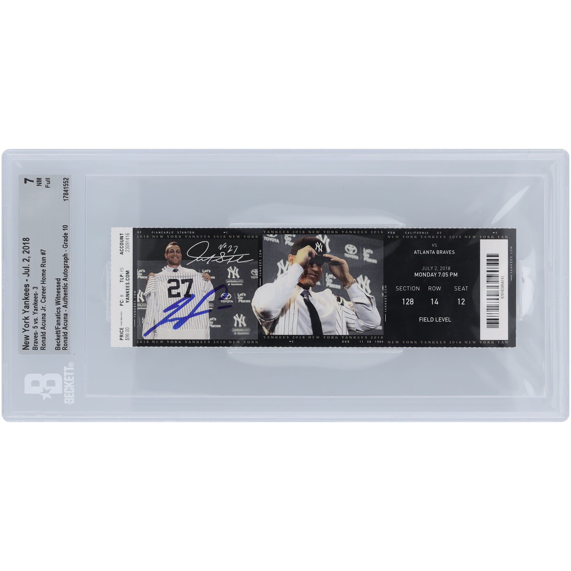 Ronald Acuña Jr. Atlanta Braves Career Home Run #7 Beckett Fanatics Witnessed Authenticated 7/10 Ticket from July 2, 2018