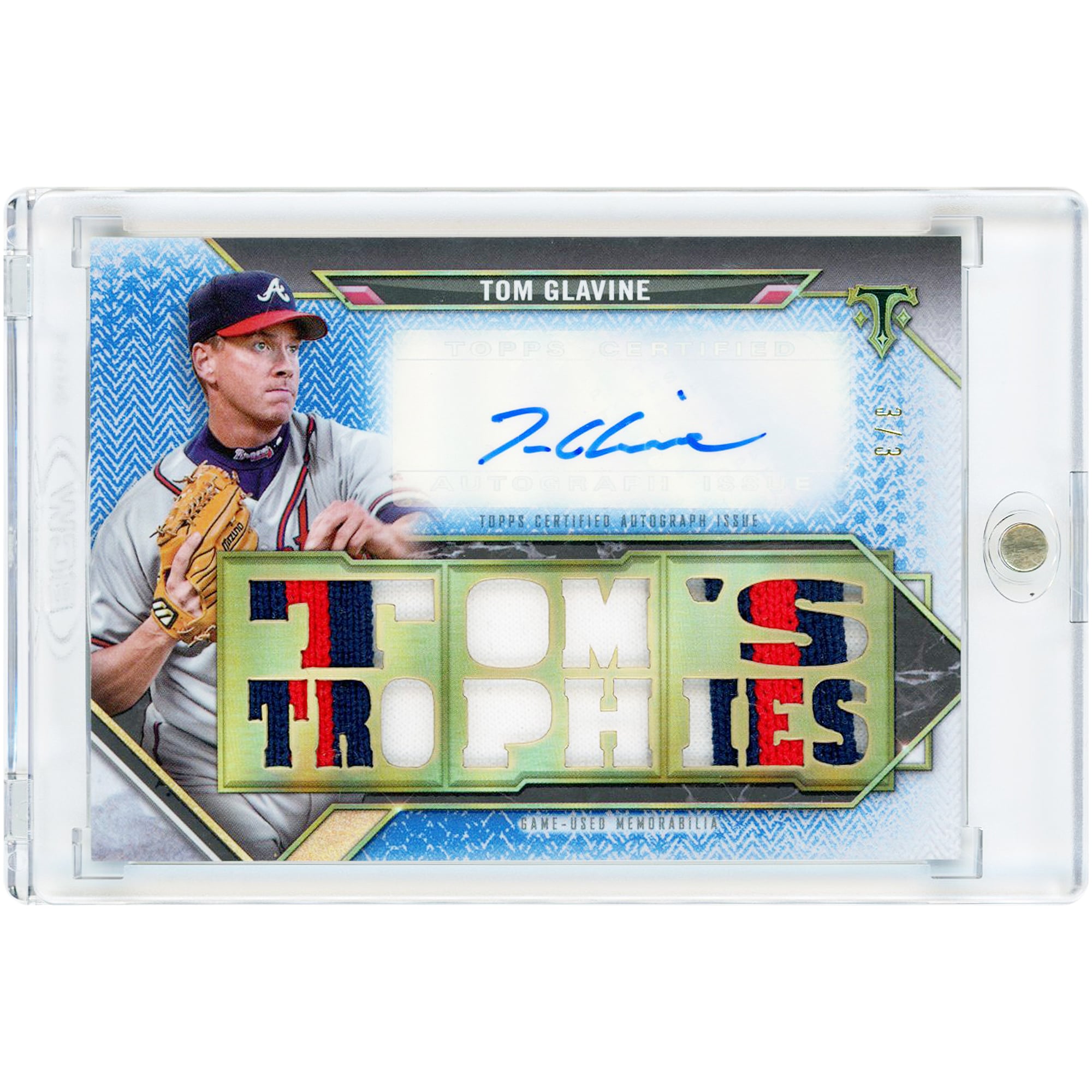 Carte autographiée de Tom Glavine (Atlanta Braves) 2021 Topps Triple Threads Triple Game Used Tri-Color Jersey Relics Blue #TTAR-TG3 #3/3