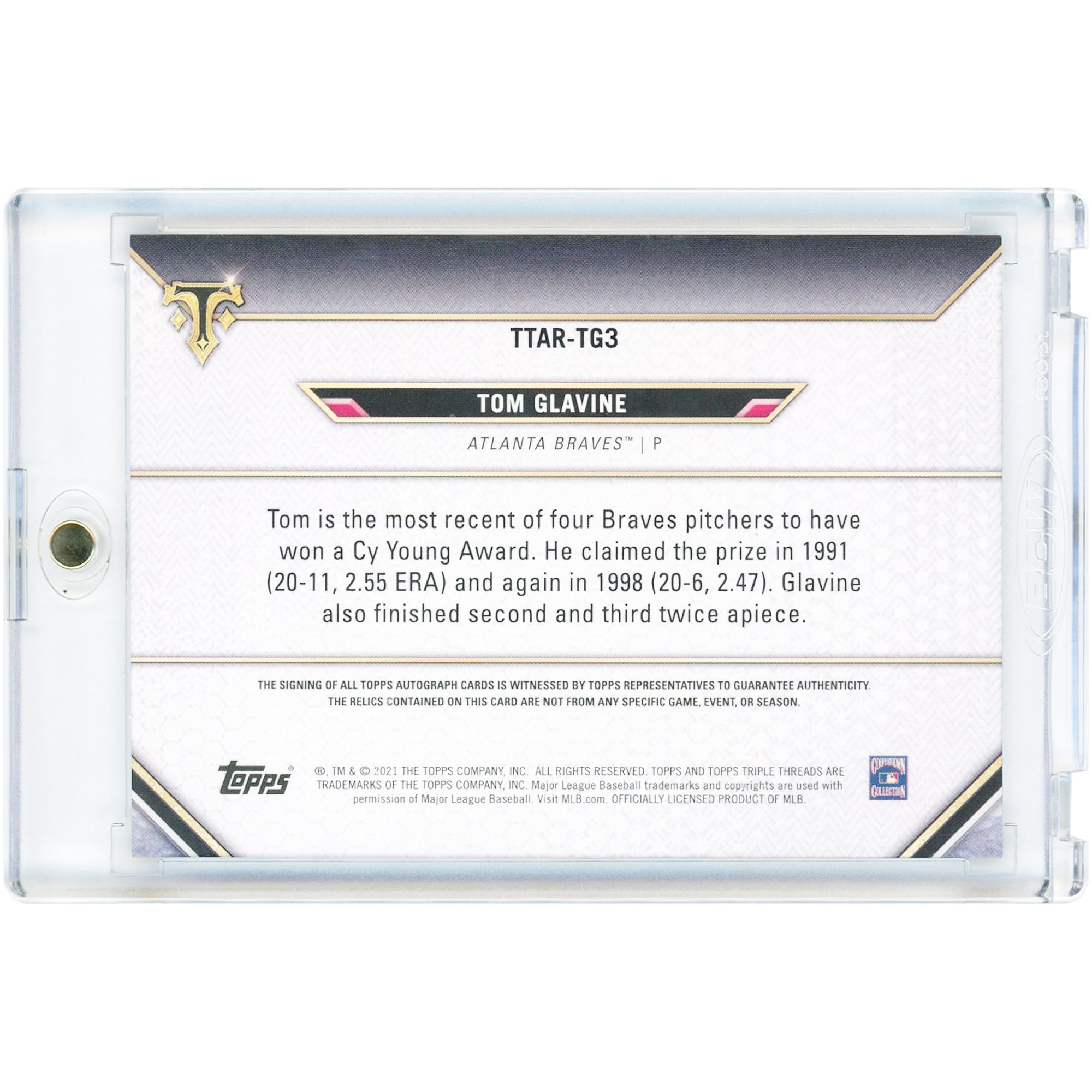 Carte autographiée de Tom Glavine (Atlanta Braves) 2021 Topps Triple Threads Triple Game Used Tri-Color Jersey Relics Blue #TTAR-TG3 #3/3
