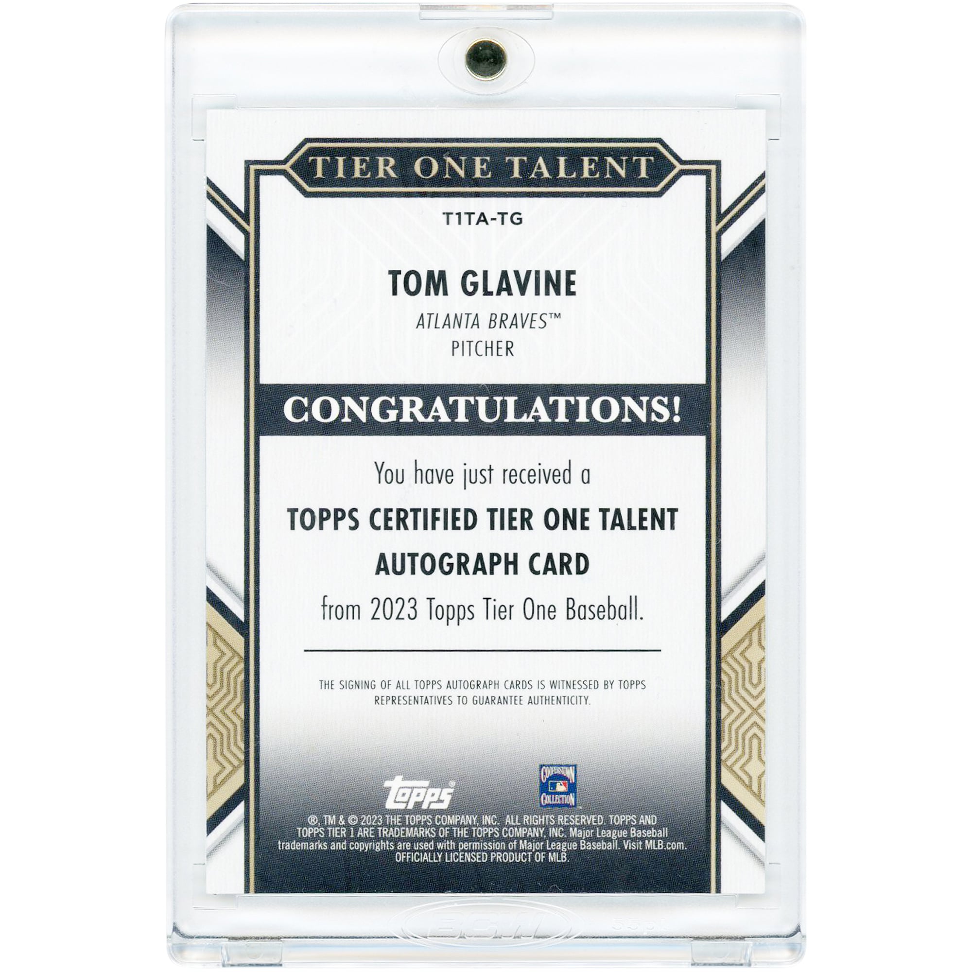 Carte autographiée de Tom Glavine (Atlanta Braves) 2023 Topps Tier One Tier One Talent #T1TA-TG #92/149
