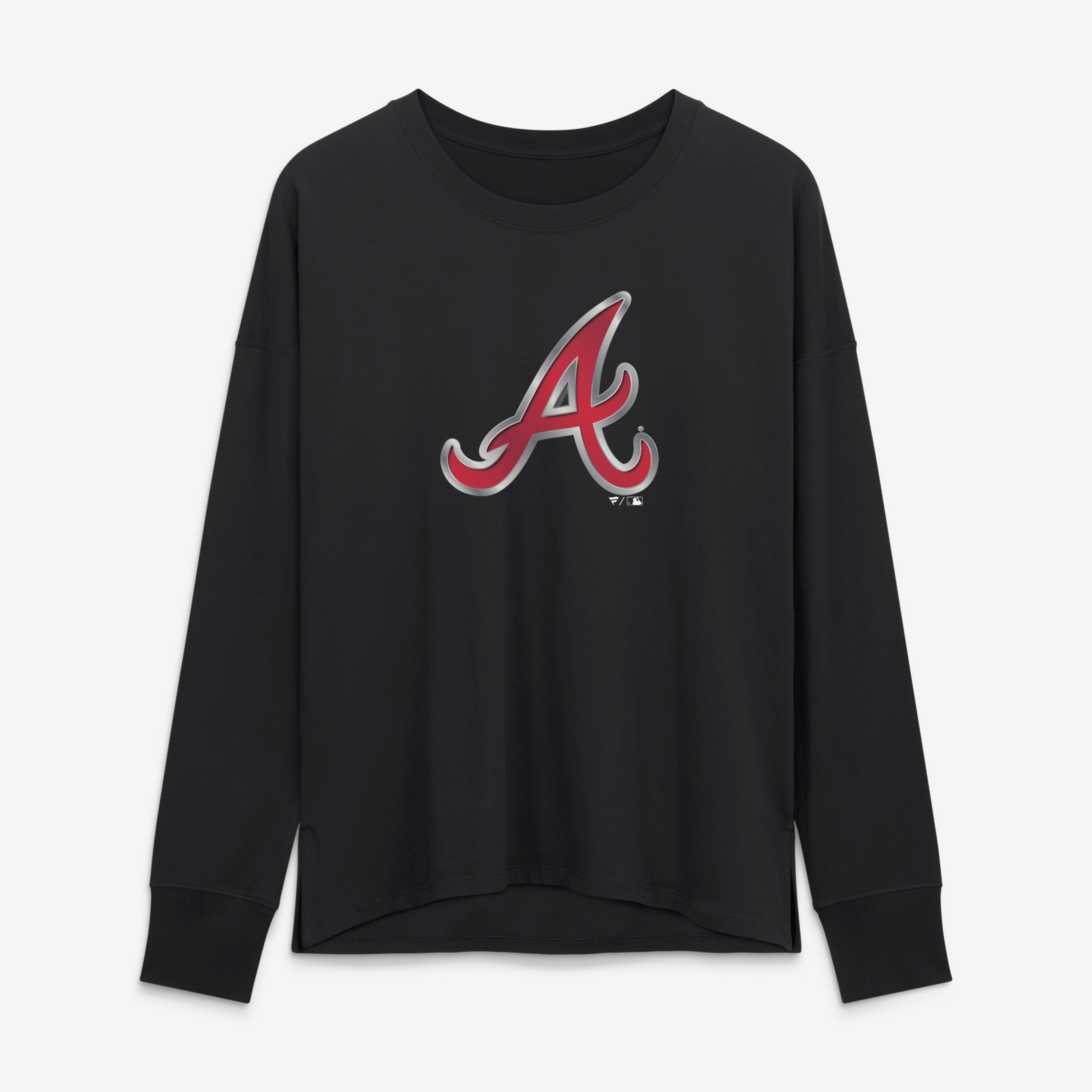 T-shirt à manches longues noir pour femmes avec mascotte métallique des Braves d'Atlanta
