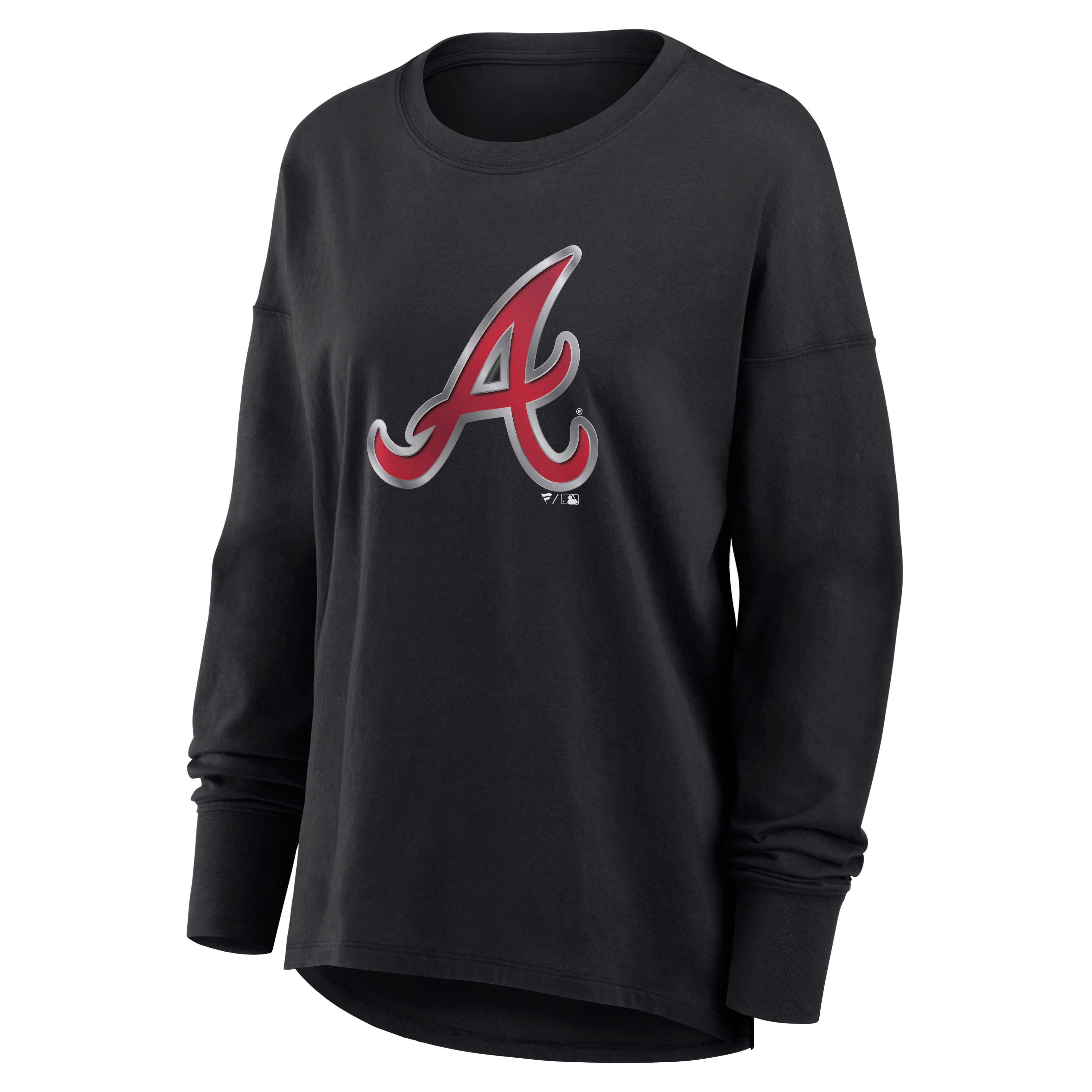 T-shirt à manches longues noir pour femmes avec mascotte métallique des Braves d'Atlanta