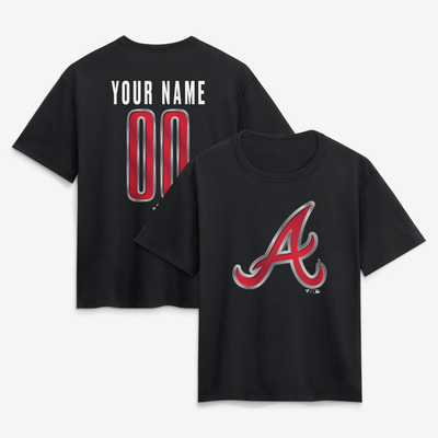 Atlanta Braves Women's Metallic Mascot Personalized Name & Number T-Shirt - Black