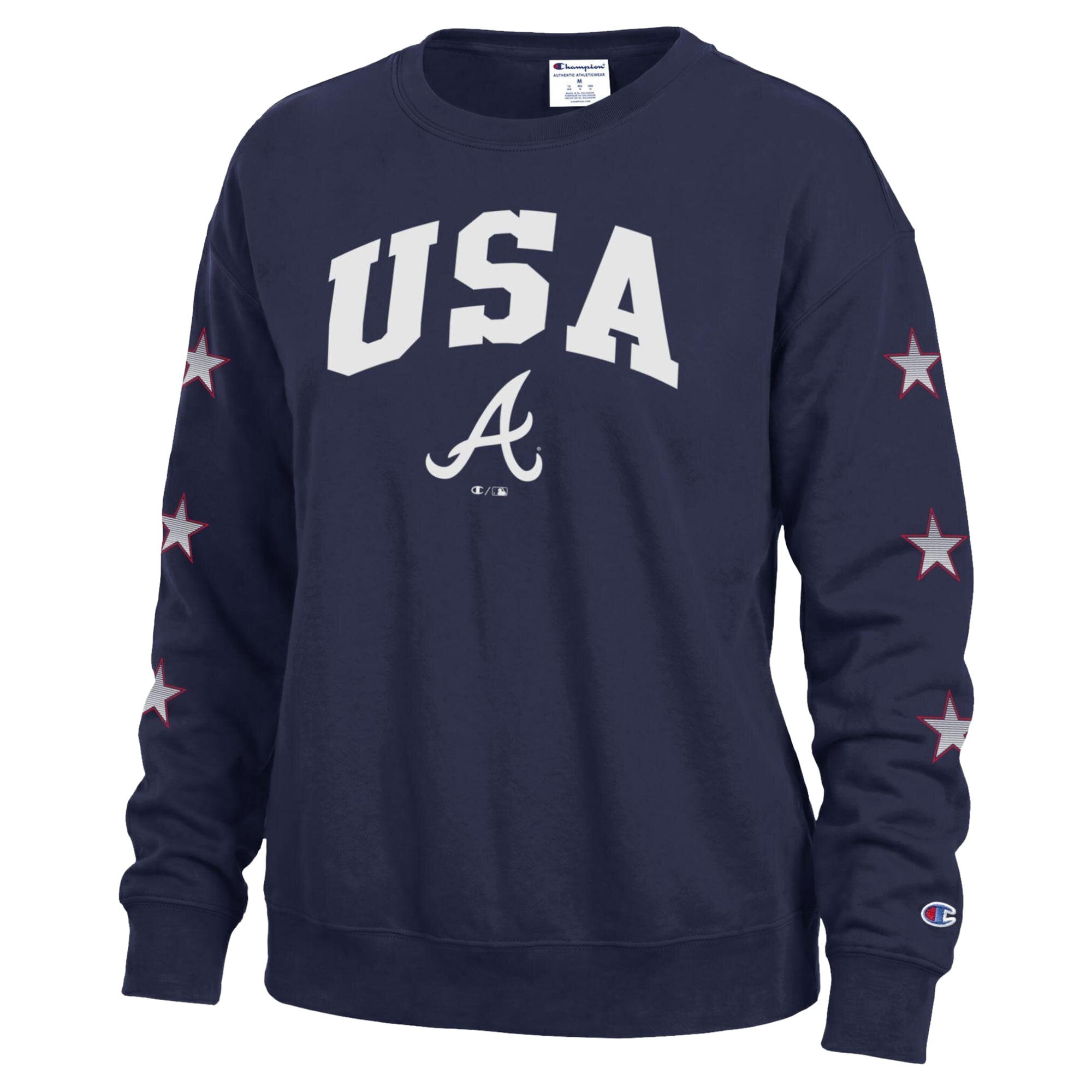 Women's Champion Navy Atlanta Braves Americana Fleece Crewneck Sweatshirt